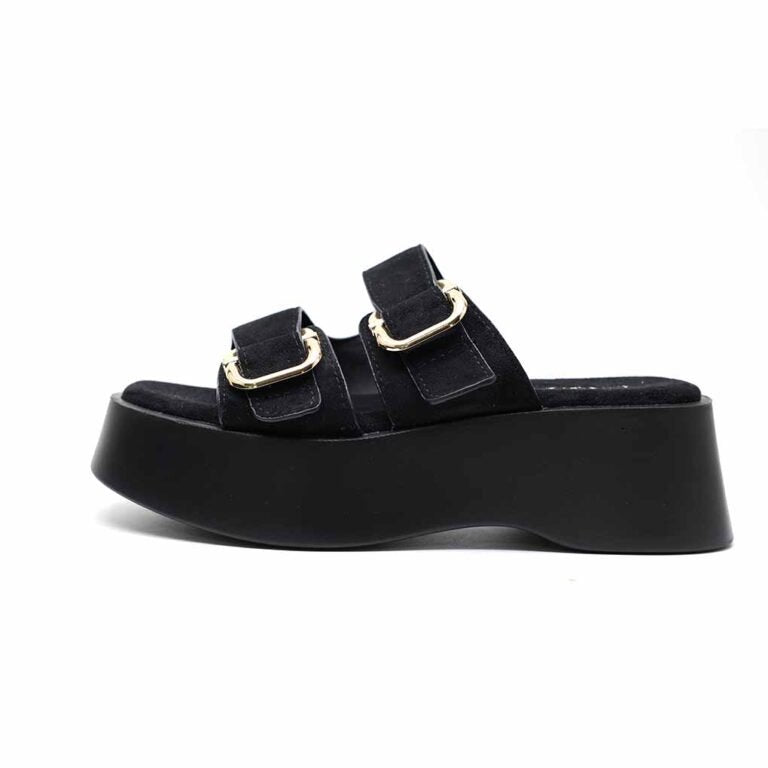 Mules Compensées Femme à Double Bride et Boucles Dorées