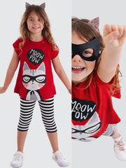 Ensemble Fille 2 Pièces Tunique et Legging Imprimé Chat – Rouge et Noir