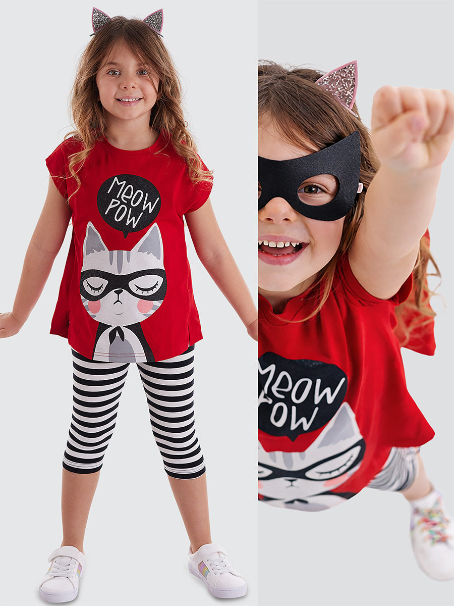 Ensemble Fille 2 Pièces Tunique et Legging Imprimé Chat – Rouge et Noir