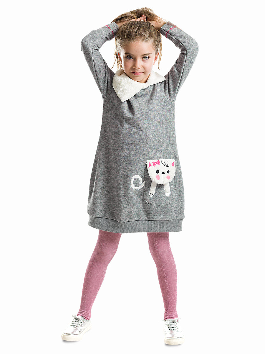 <tc>Robe pour fille avec col châle et poche en forme de chat</tc>