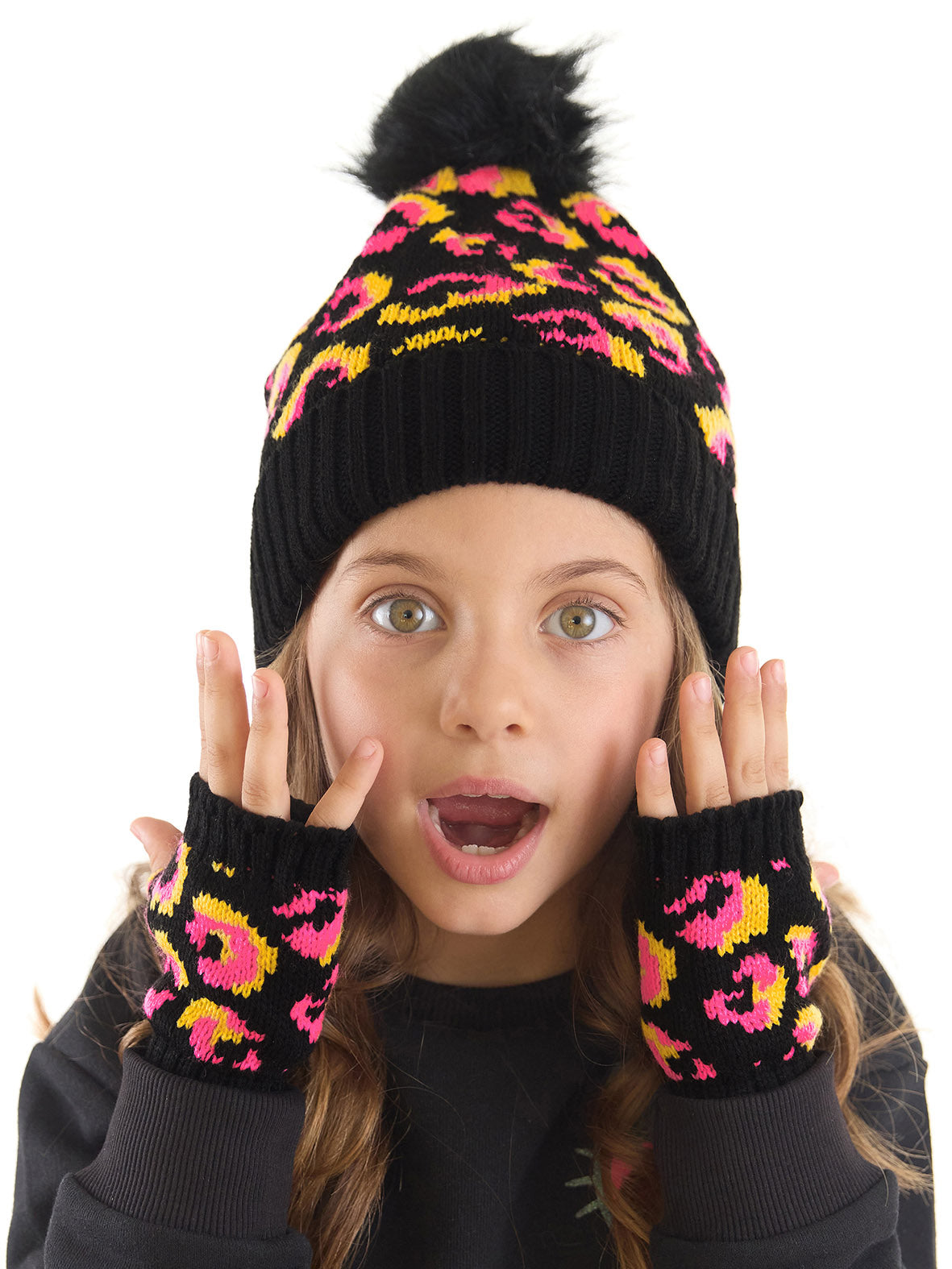 <tc>Ensemble bonnet et gants pour fille avec motif léopard rose</tc>