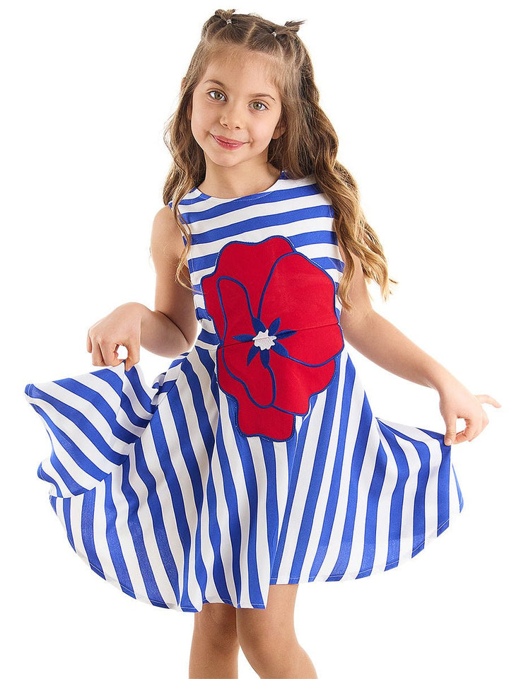 Robe Fille Viscose Rayée avec Appliqué Coquelicot
