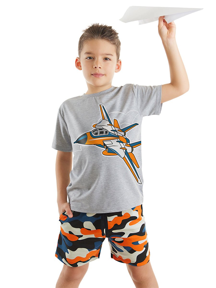 uçak erkek çocuk t-shirt kamuflaj şort takim - Justyol