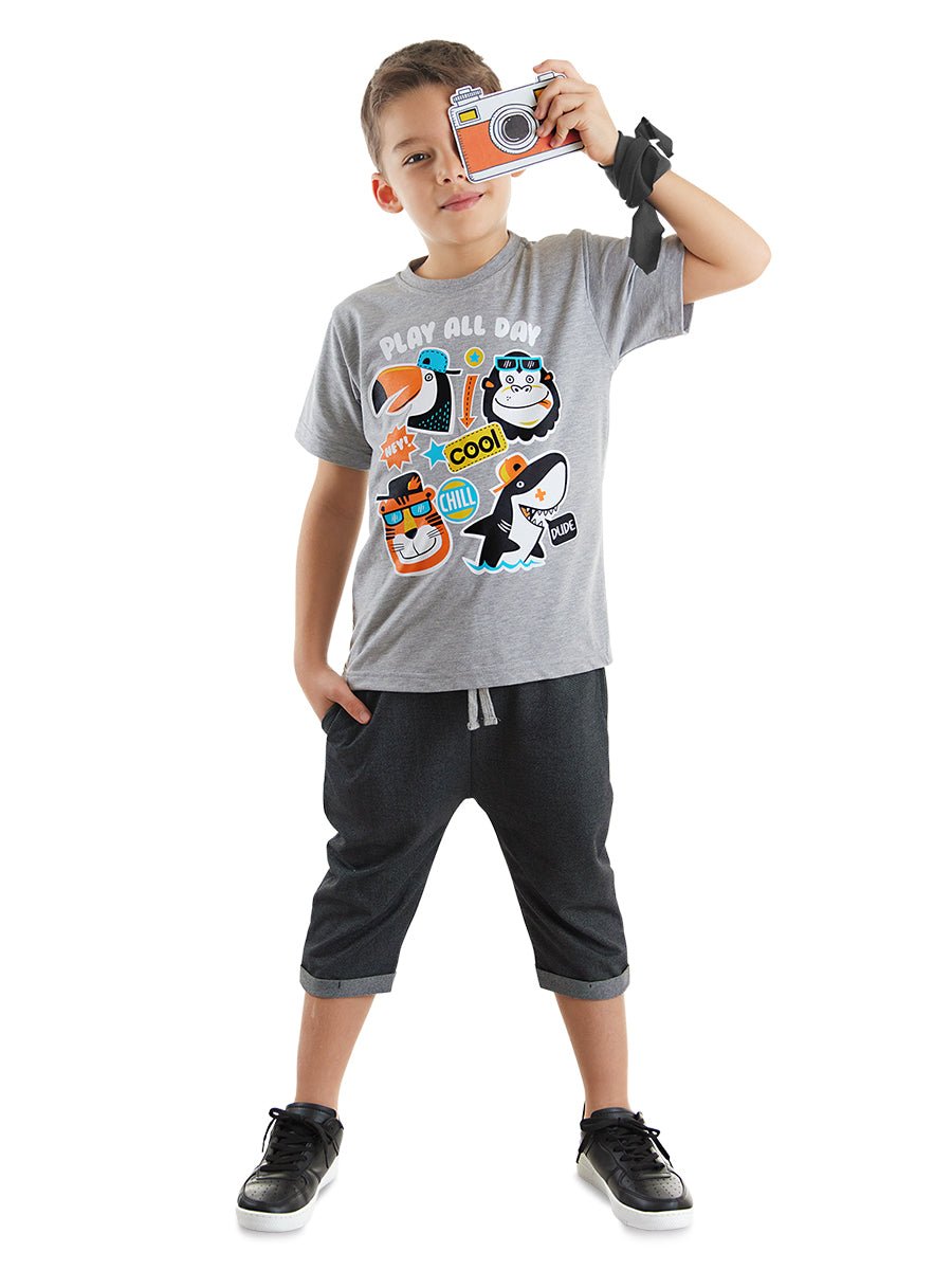cool animals erkek çocuk t-shirt kapri şort takim - Justyol
