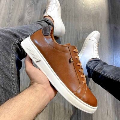 Baskets en cuir plates - Tabac - 30197