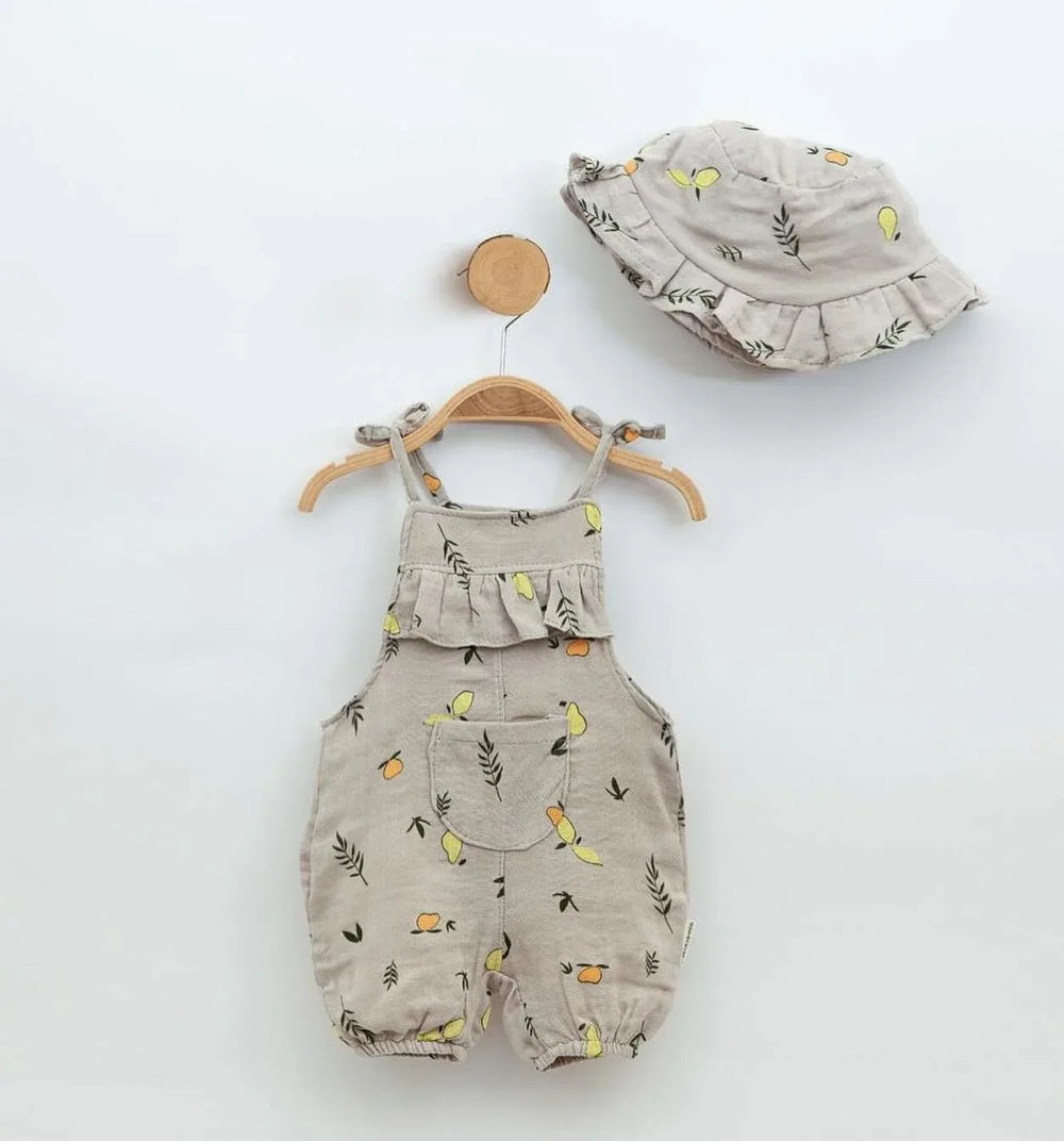 Ensemble salopette à motif fruité en mousseline double épaisseur avec chapeau