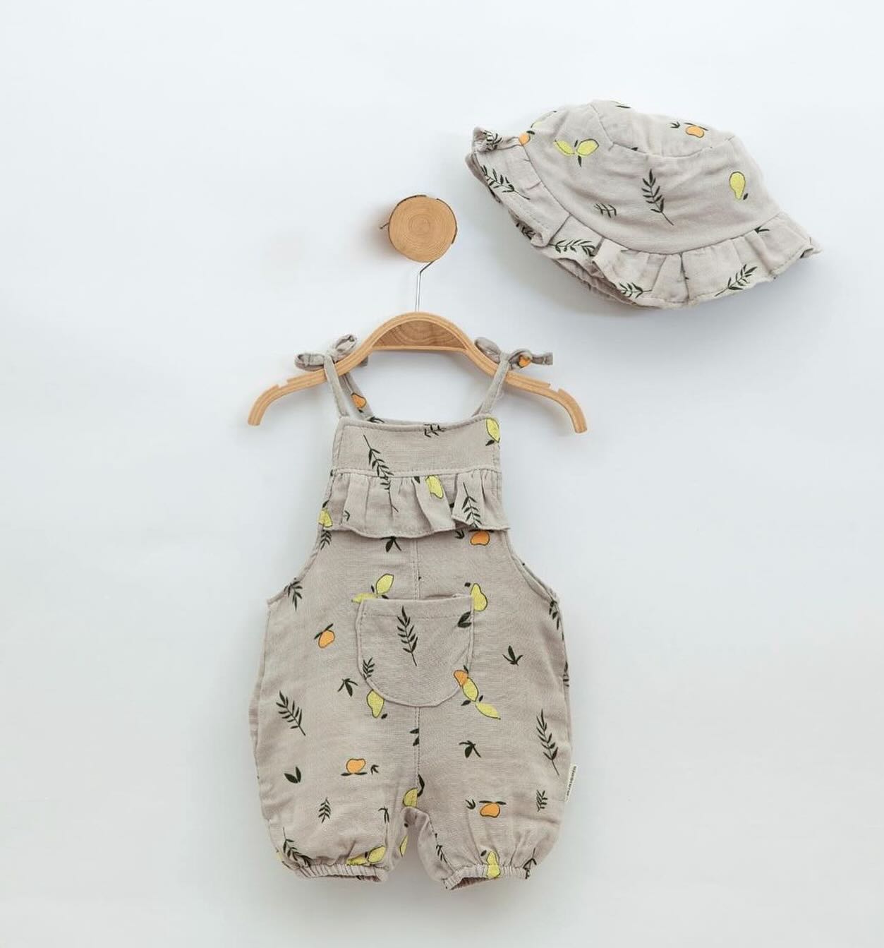 Fruit Themed Double Layer Muslin Jumpsuit Set With Hat