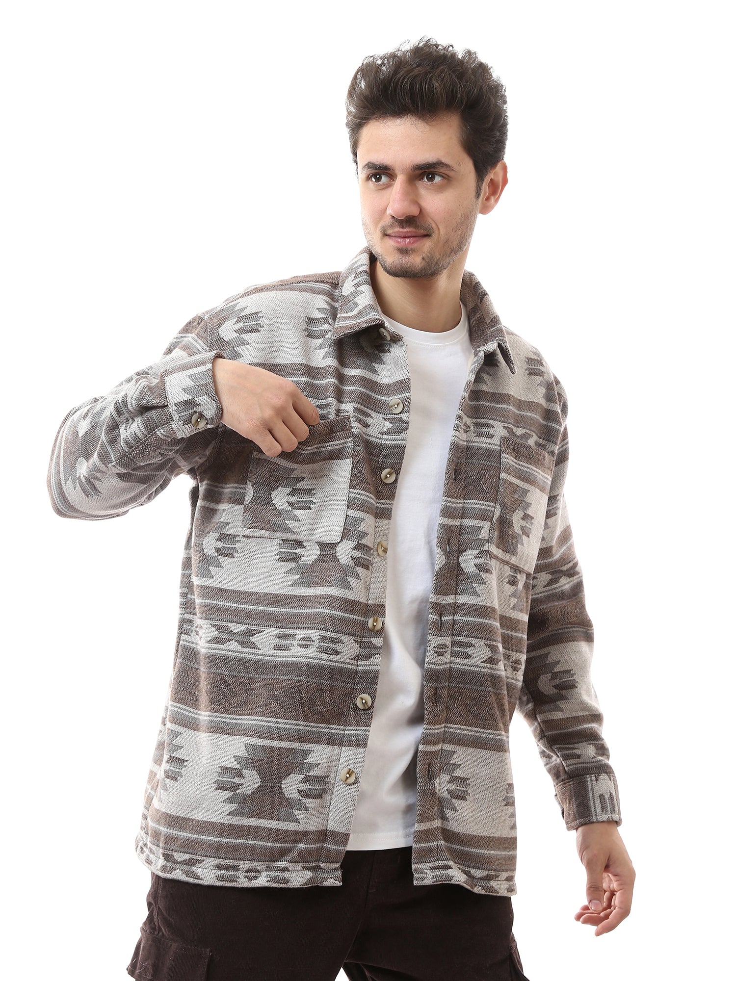 Chemise homme à motifs boutonnée manches longues marron et blanc - OSH23ACCR19797TM1