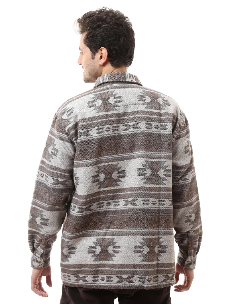 Chemise homme à motifs boutonnée manches longues marron et blanc - OSH23ACCR19797TM1
