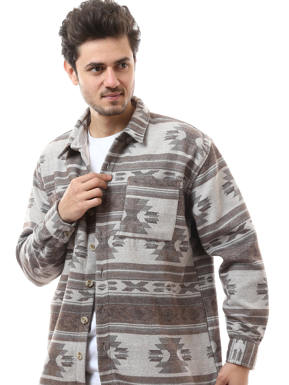 Chemise homme à motifs boutonnée manches longues marron et blanc - OSH23ACCR19797TM1