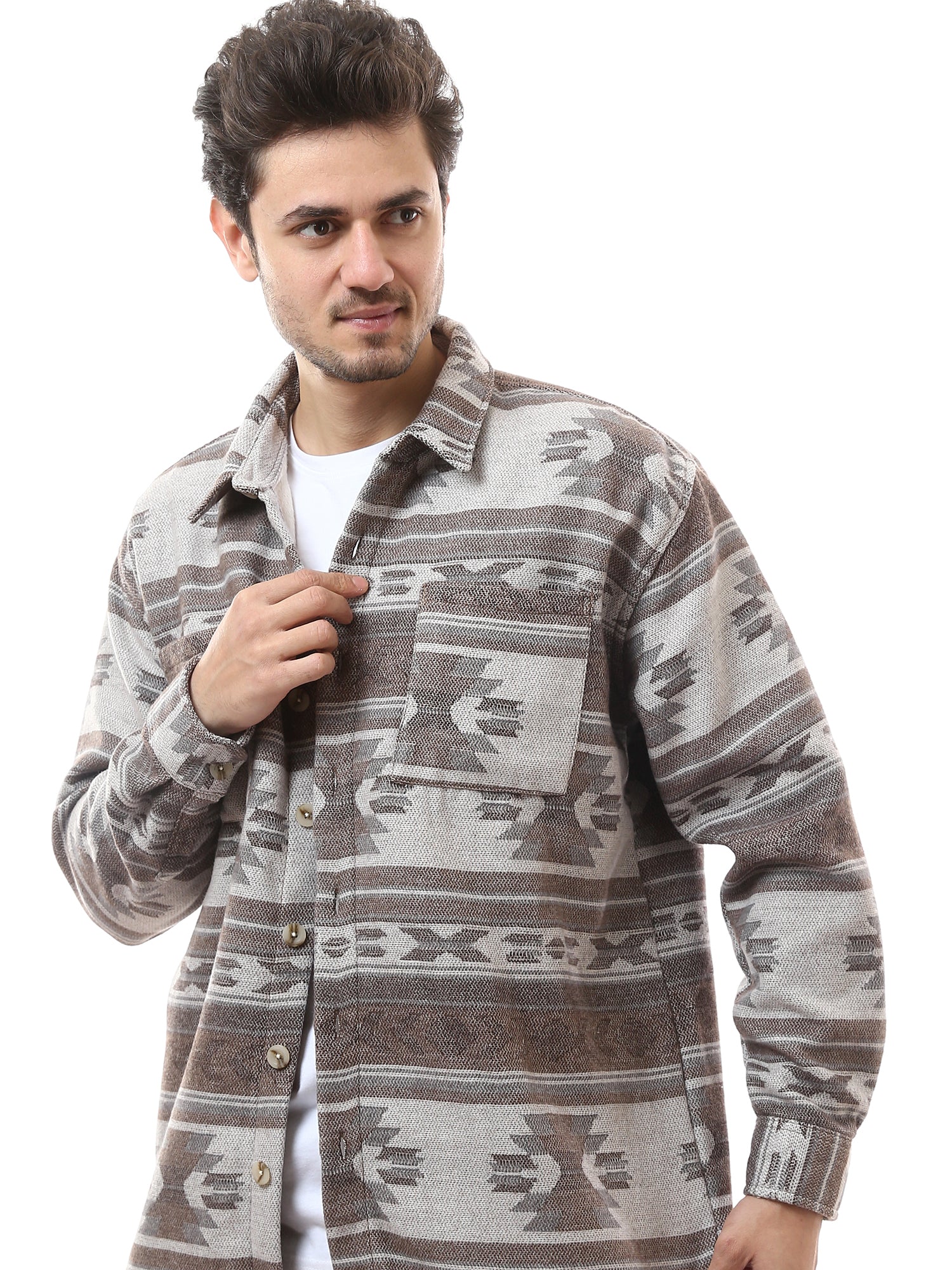 Chemise homme à motifs boutonnée manches longues marron et blanc - OSH23ACCR19797TM1