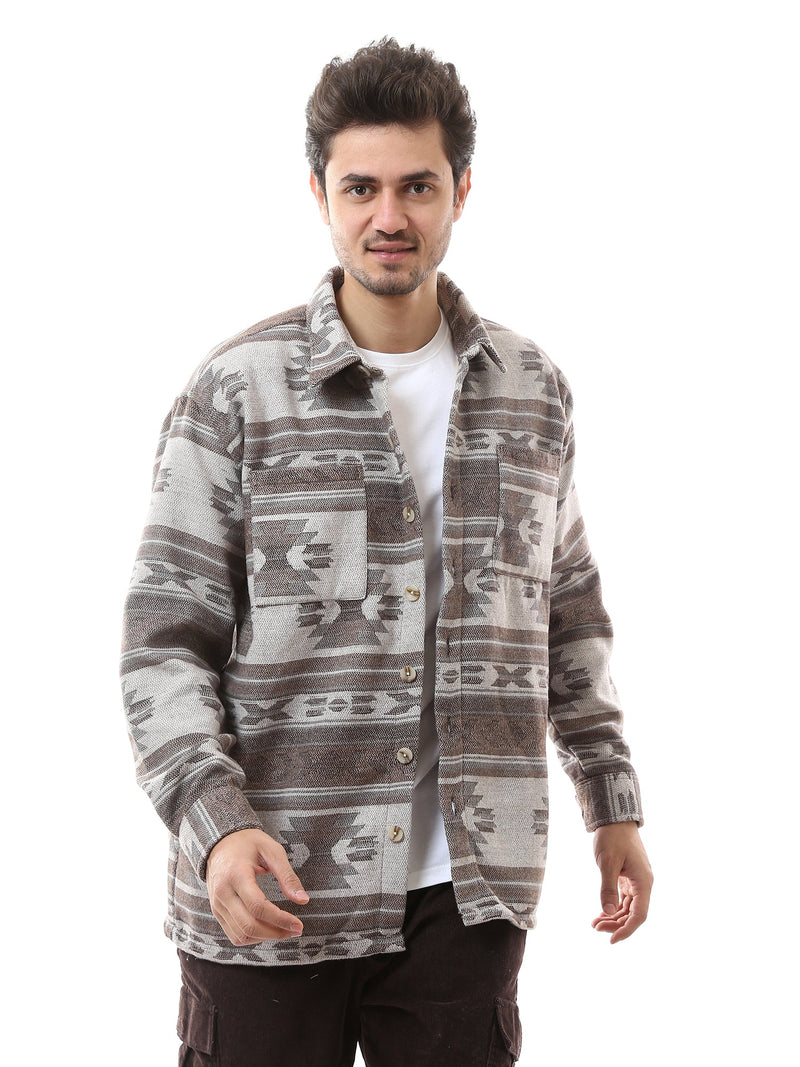Chemise homme à motifs boutonnée manches longues marron et blanc - OSH23ACCR19797TM1