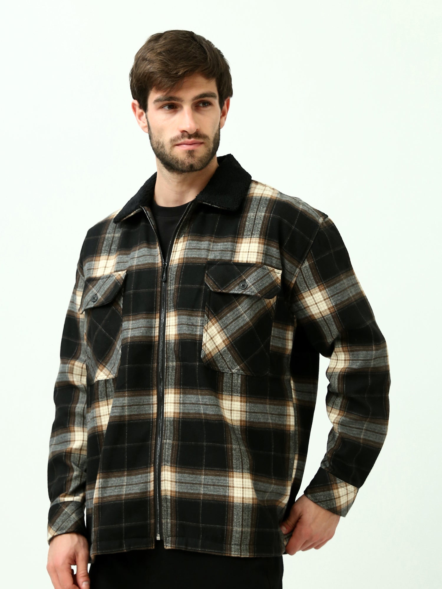 Veste Chemise Homme à Carreaux Zippée avec Col Doublé – OSH23ACCR19844TM1