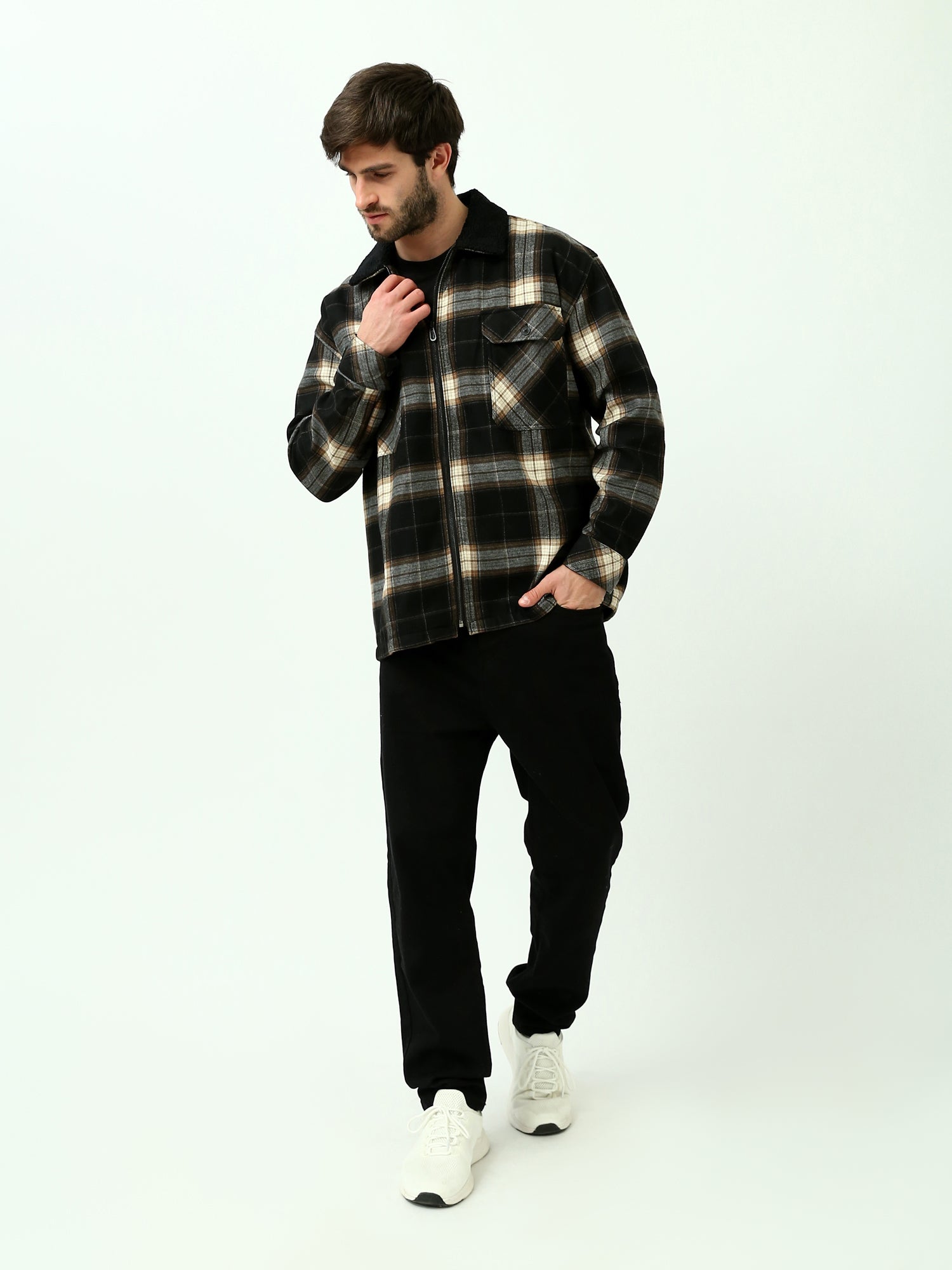 Veste Chemise Homme à Carreaux Zippée avec Col Doublé – OSH23ACCR19844TM1