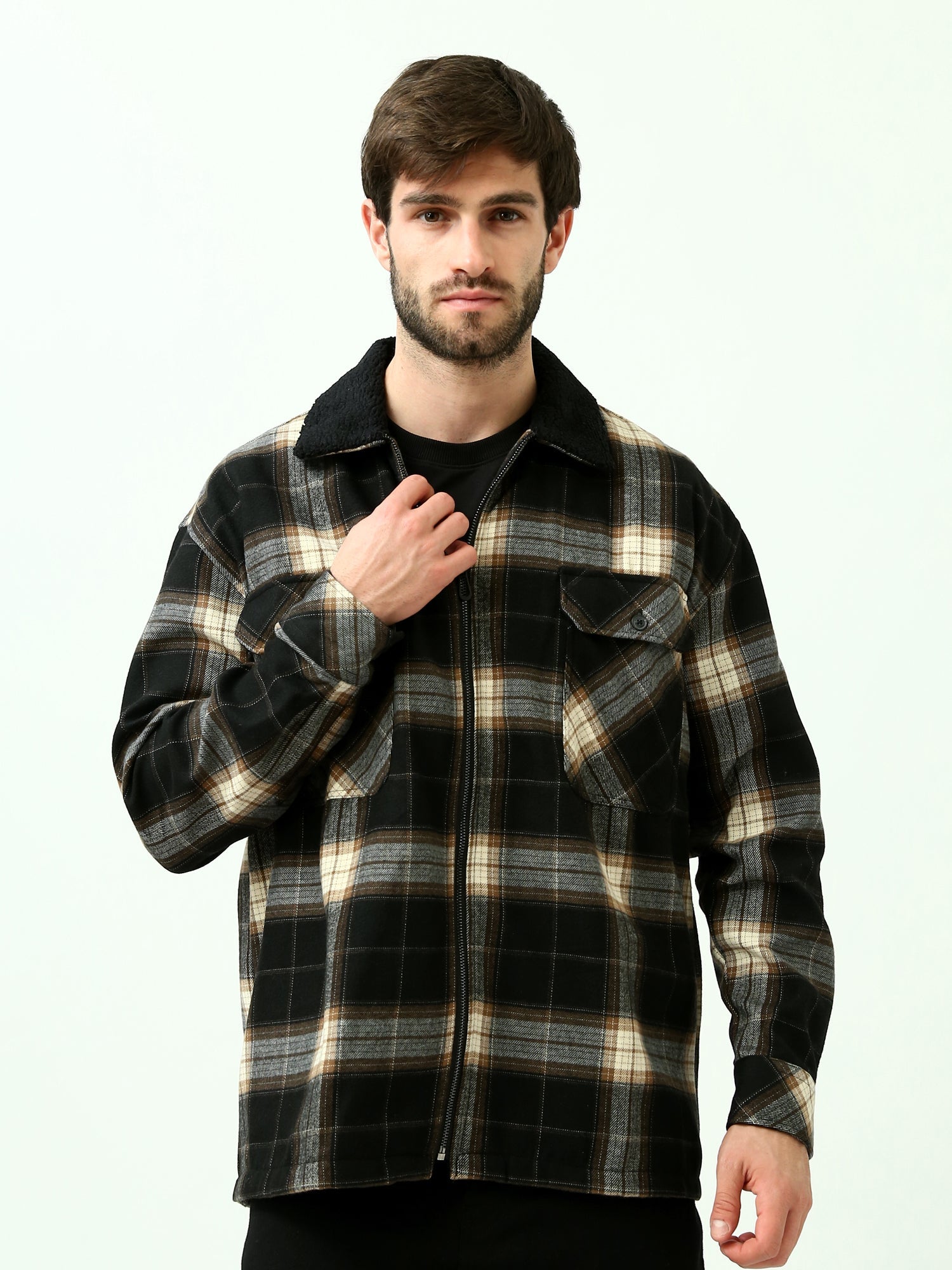 Veste Chemise Homme à Carreaux Zippée avec Col Doublé – OSH23ACCR19844TM1