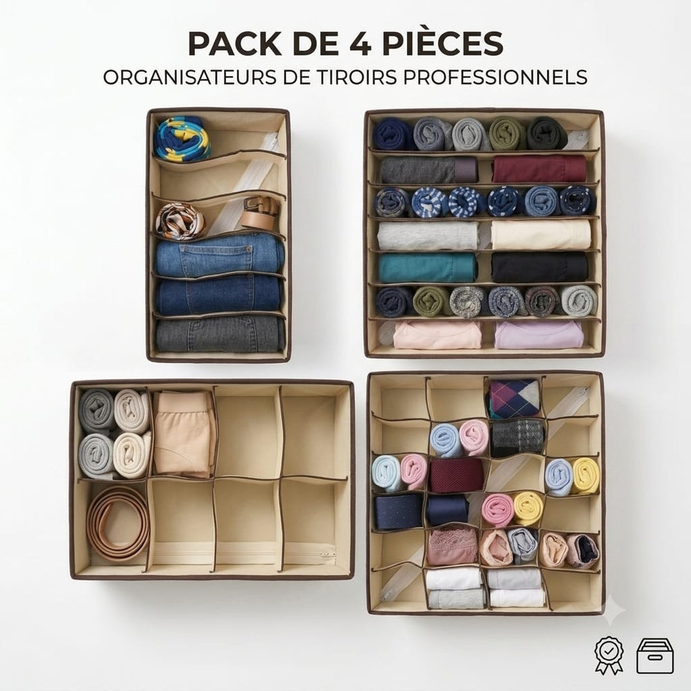 Pack de 4 Organisateurs de Tiroirs Modulables – Rangement Sous-vêtements & Accessoires