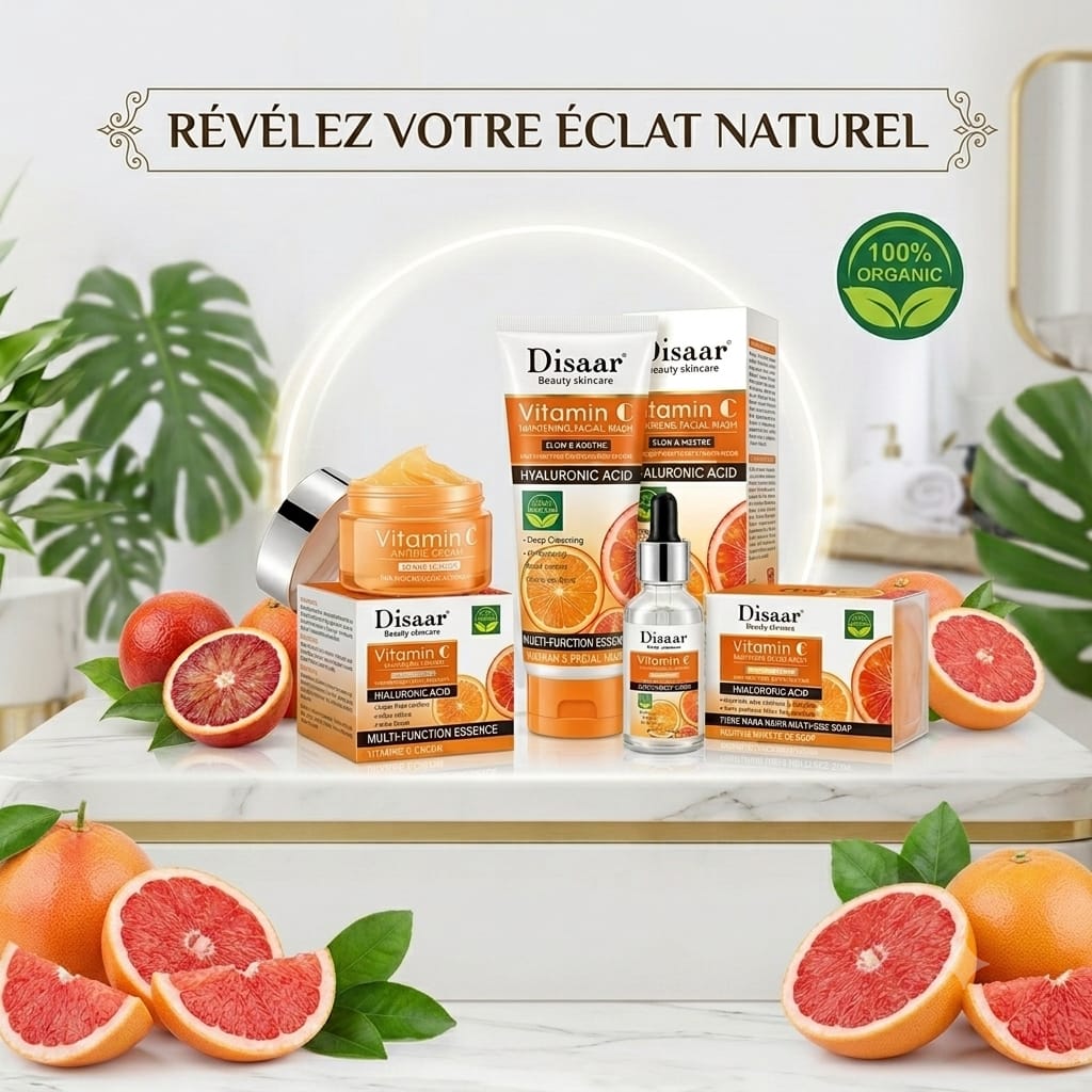 Pack Éclat Vitamine C 4 EN 1 Glow & Moisture Whitening Skin Care Ensemble Complet– Savon visage -Sérum visage- Nettoyant visage -Crème visage hydratante