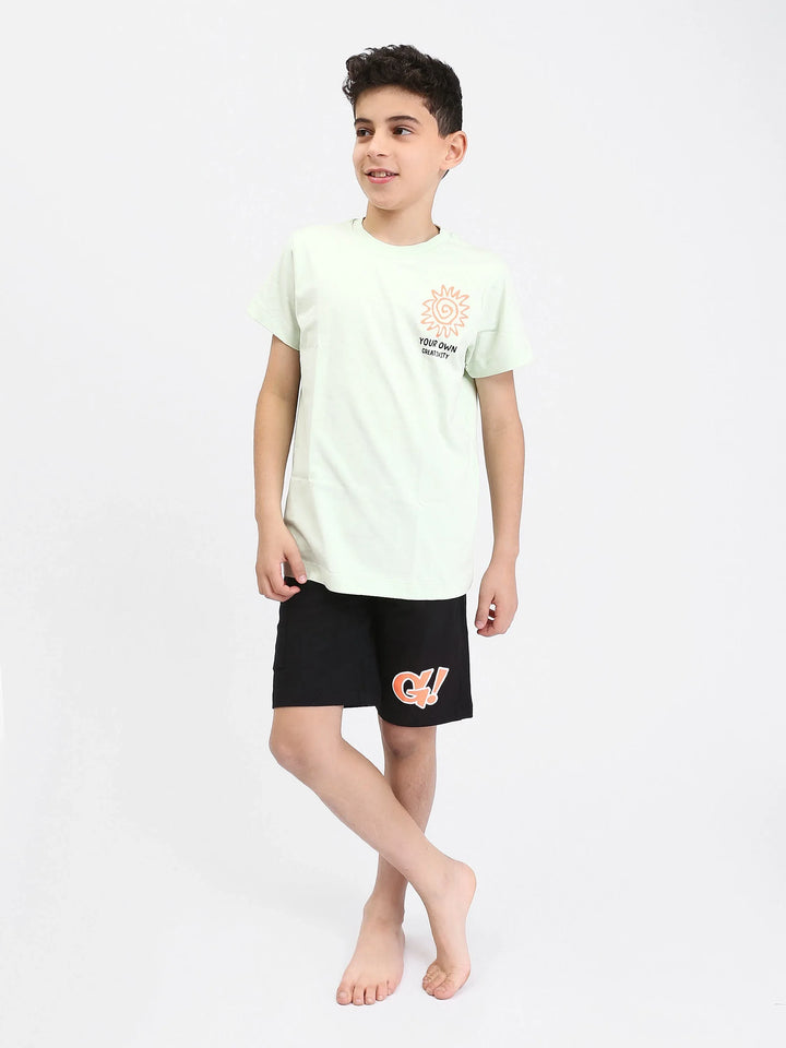 Pyjama Ado Garçon 2 Pièces Été – T-shirt Menthe + Short Noir Imprimé - PJS25SSNN76616MJ1