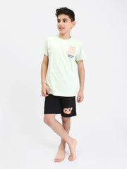 Pyjama Ado Garçon 2 Pièces Été – T-shirt Menthe + Short Noir Imprimé - PJS25SSNN76616MJ1 - Justyol