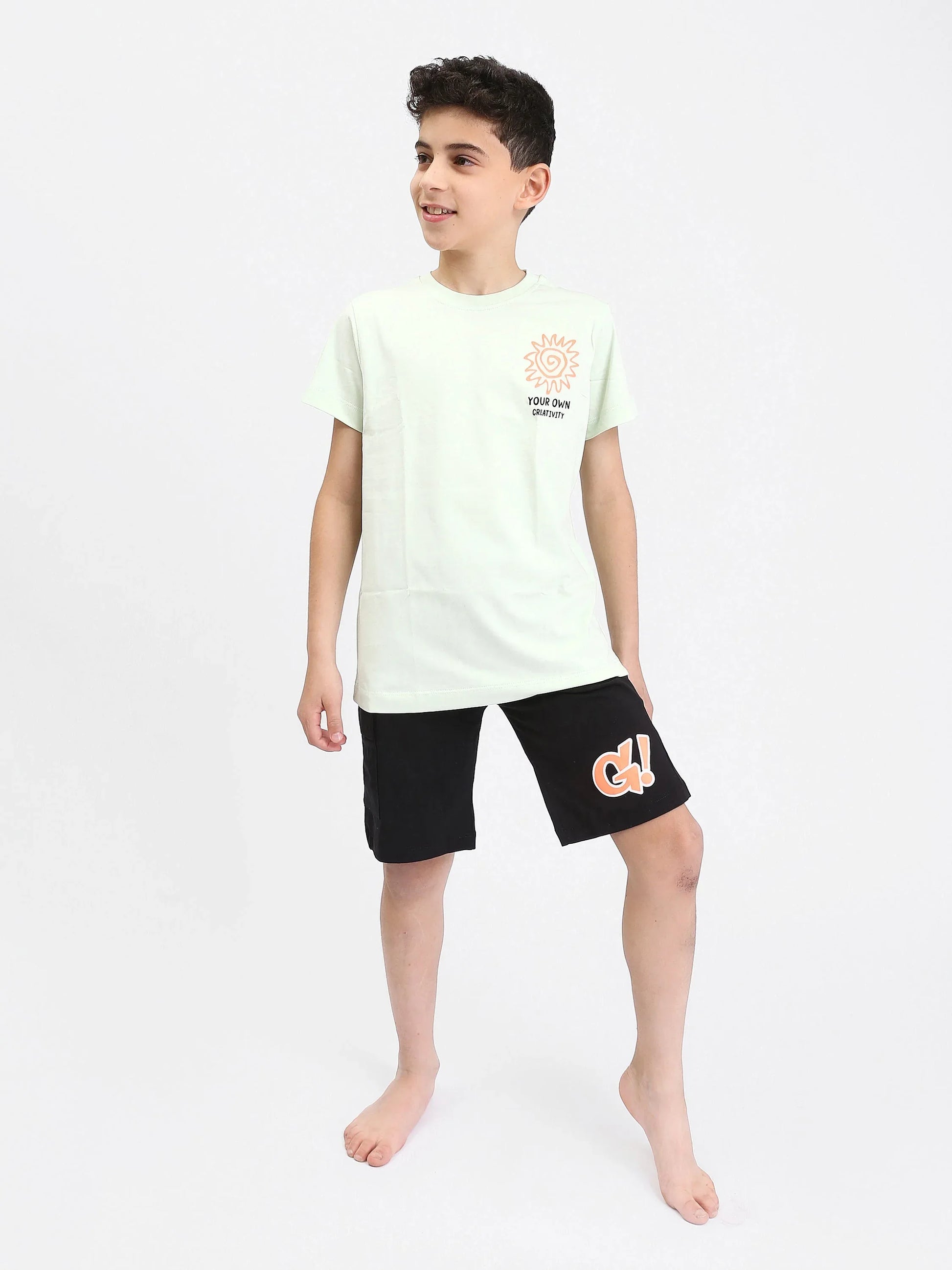 Pyjama Ado Garçon 2 Pièces Été – T-shirt Menthe + Short Noir Imprimé - PJS25SSNN76616MJ1 - Justyol