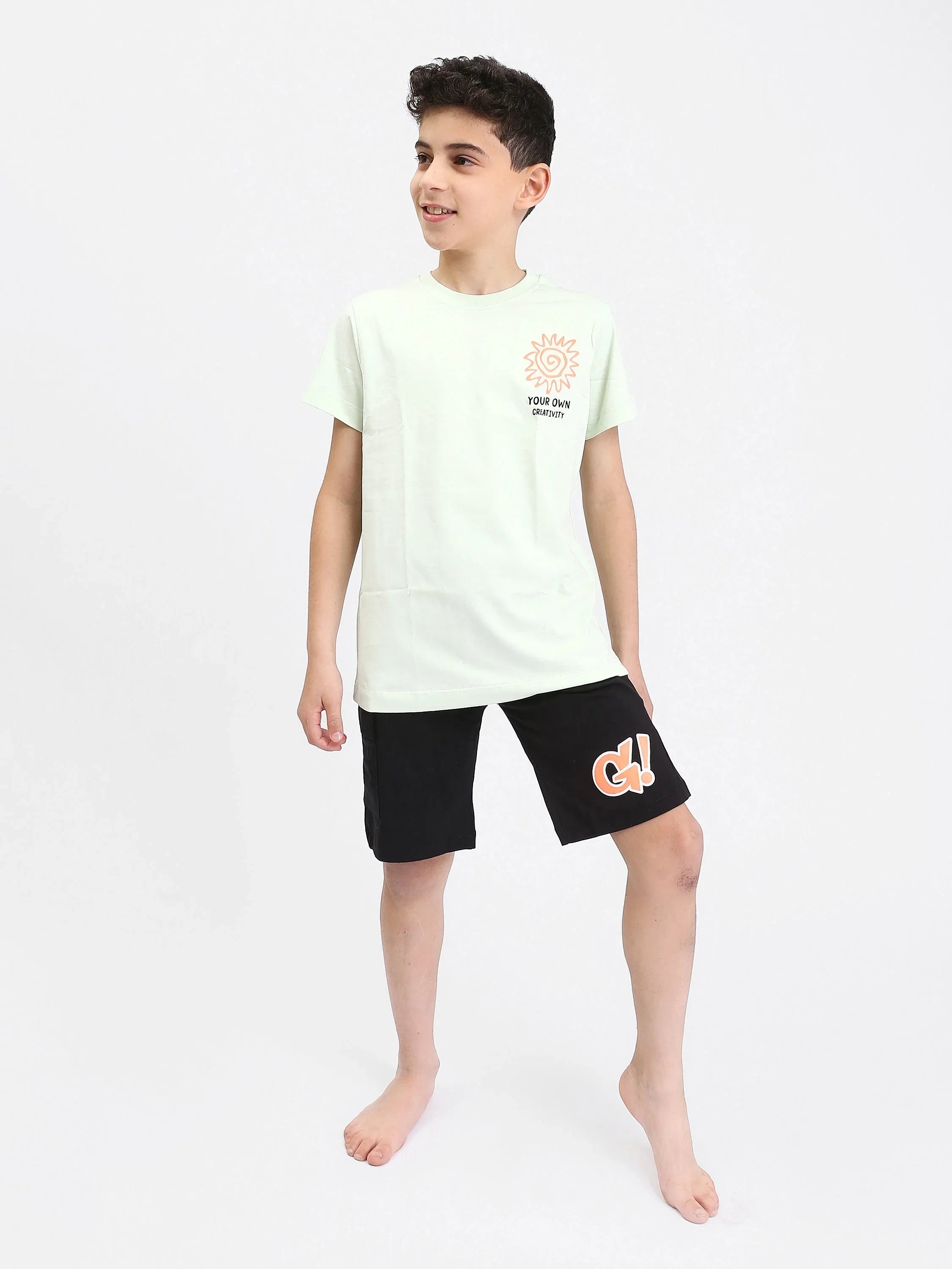 Pyjama Ado Garçon 2 Pièces Été – T-shirt Menthe + Short Noir Imprimé - PJS25SSNN76616MJ1 - Justyol