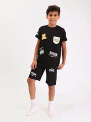 Pyjama Ado Garçon 2 Pièces Été – T-shirt + Short Noir Imprimé Streetwear - PJS25SSNN76623MJ1 - Justyol