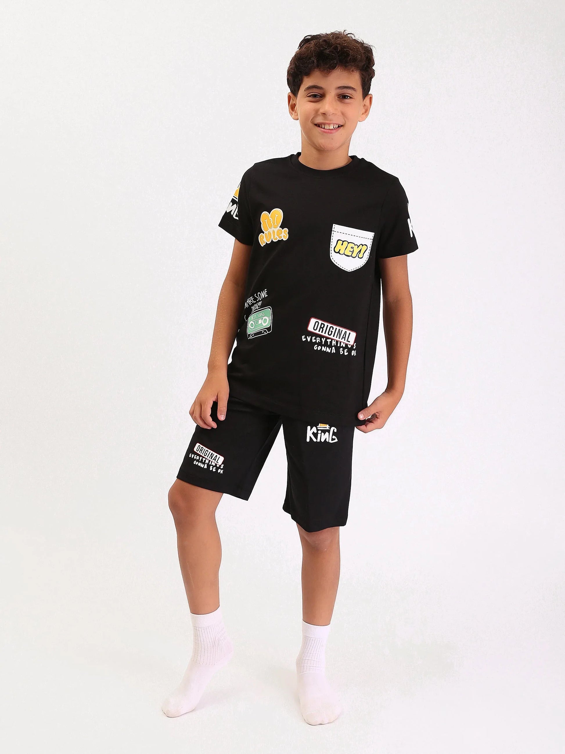 Pyjama Ado Garçon 2 Pièces Été – T-shirt + Short Noir Imprimé Streetwear - PJS25SSNN76623MJ1 - Justyol