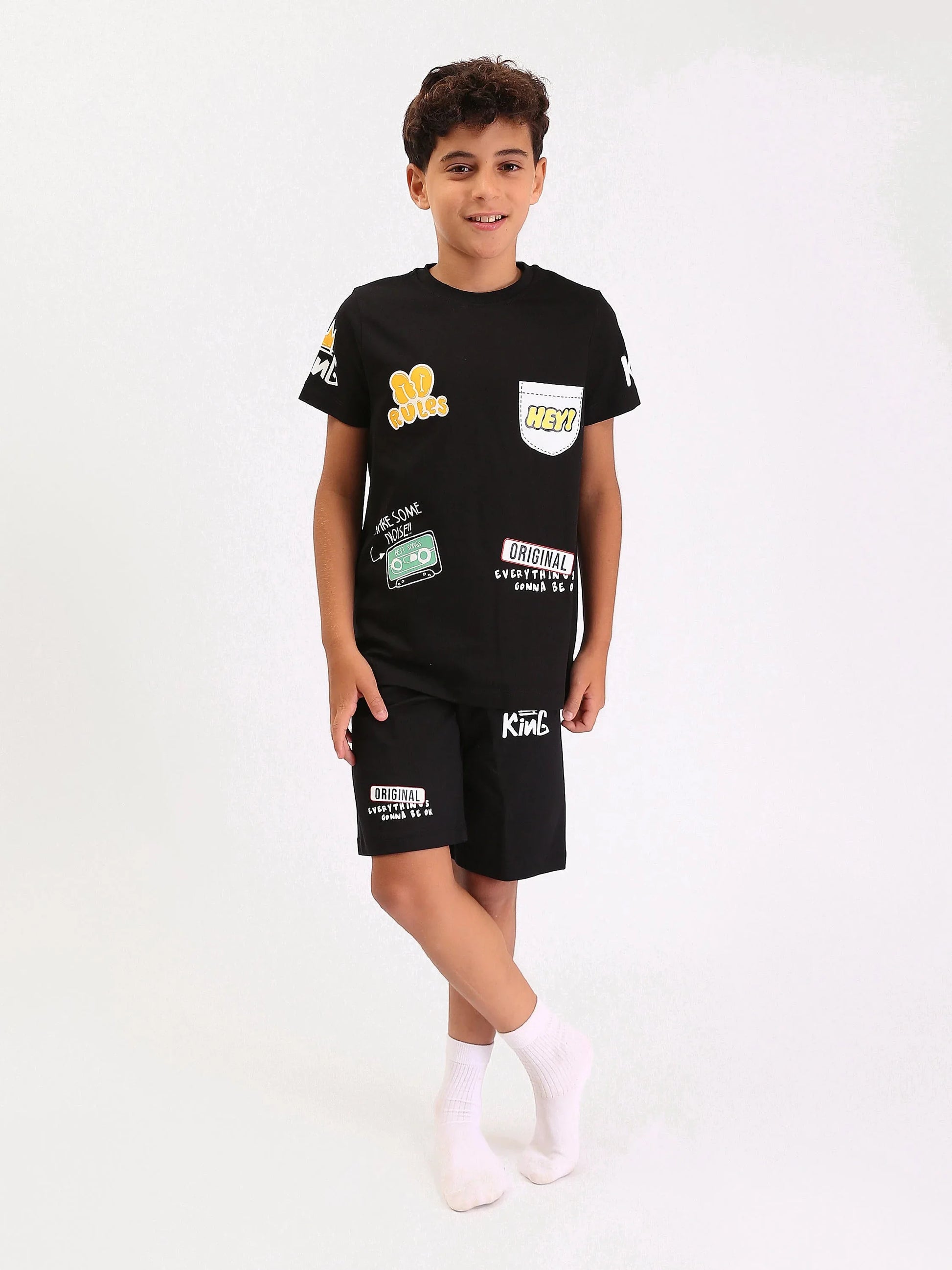 Pyjama Ado Garçon 2 Pièces Été – T-shirt + Short Noir Imprimé Streetwear - PJS25SSNN76623MJ1 - Justyol