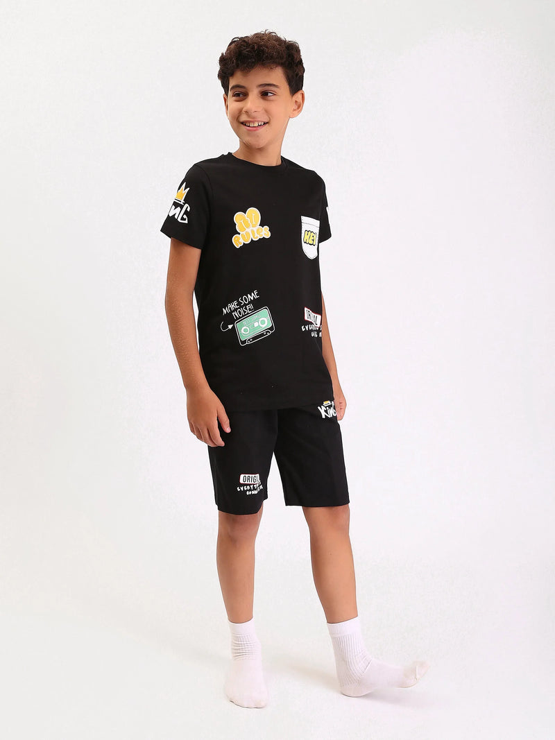 Pyjama Ado Garçon 2 Pièces Été – T-shirt + Short Noir Imprimé Streetwear - PJS25SSNN76623MJ1