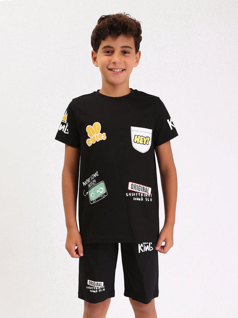 Pyjama Ado Garçon 2 Pièces Été – T-shirt + Short Noir Imprimé Streetwear - PJS25SSNN76623MJ1