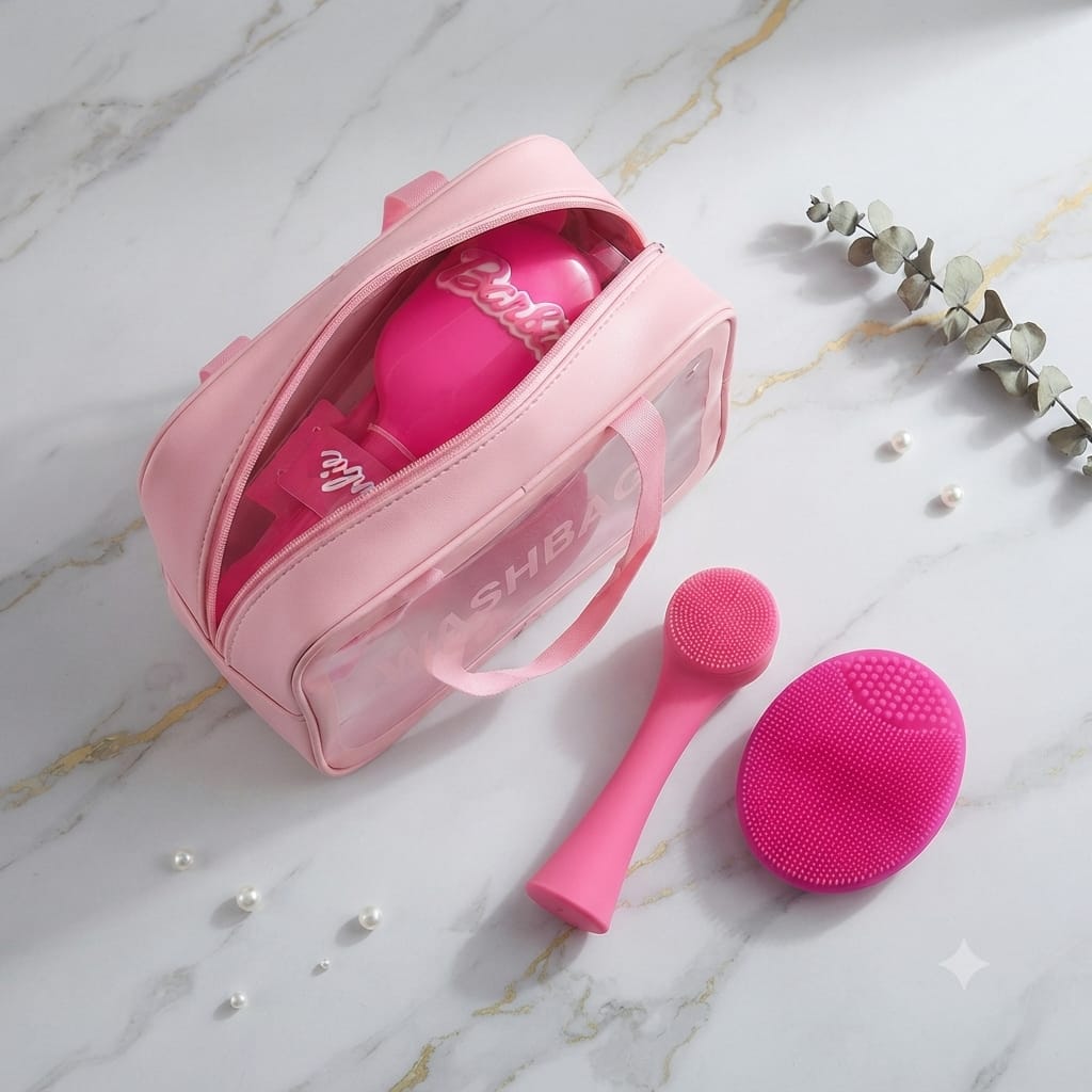 Kit de soins et trousse rose "WASHBAG" avec brosse Barbie et accessoires nettoyants de visage en silicone