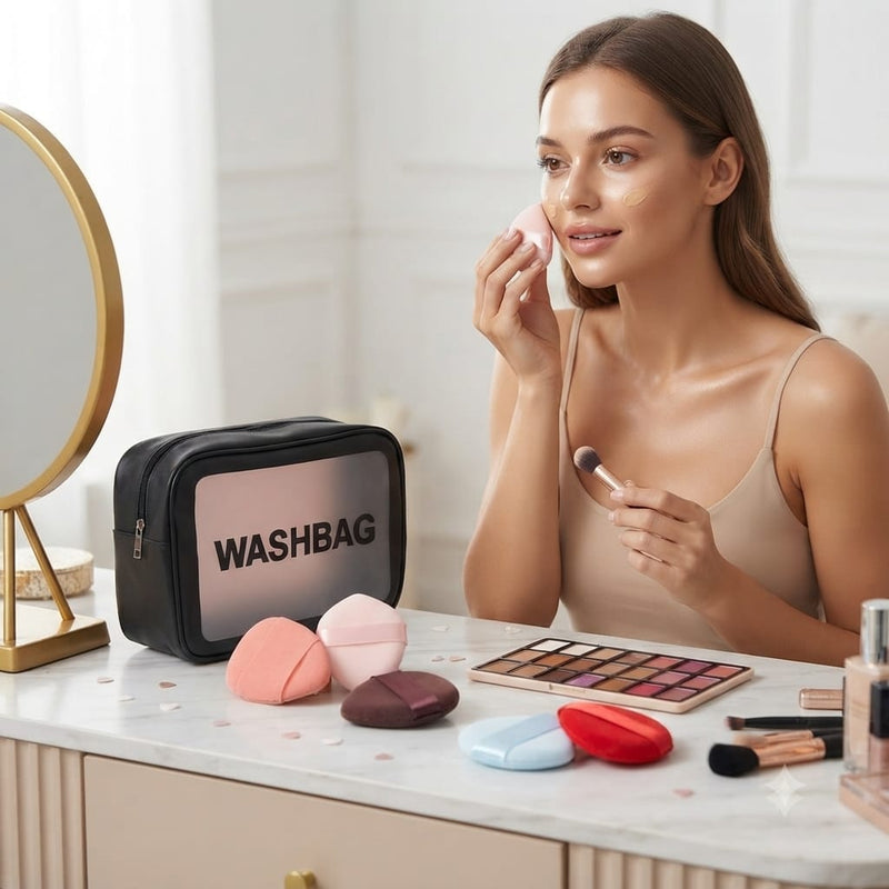 Kit Beauté Complet avec Palette de maquillage 21 couleurs, 5 mini Éponges et Trousse WASHBAG