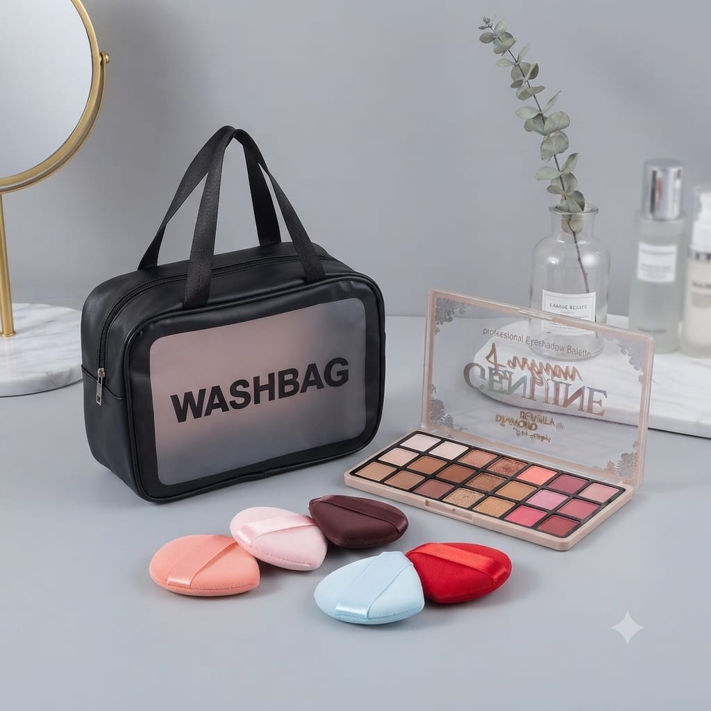 Kit Beauté Complet avec Palette de maquillage 21 couleurs, 5 mini Éponges et Trousse WASHBAG