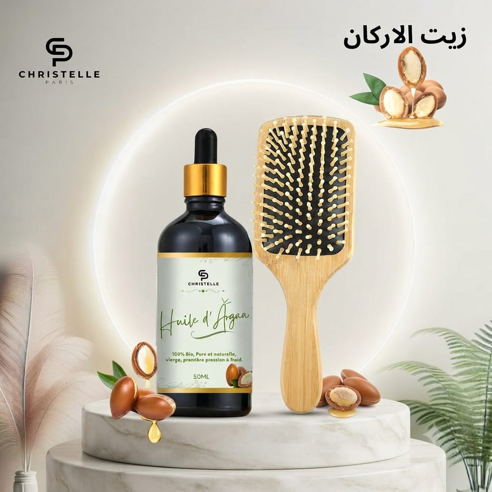 Huile d'argan Bio 100% Pure, Naturelle, Pressée à Froid Huile Argan Cheveux Visage Corps ET brosse à cheveux luxieuse en bois