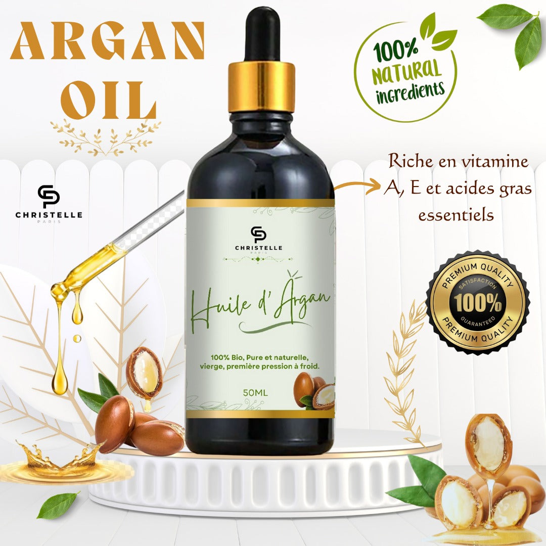 Huile d'argan Bio 100% Pure, Naturelle, Pressée à Froid Huile Argan Cheveux Visage Corps ET brosse à cheveux luxieuse en bois
