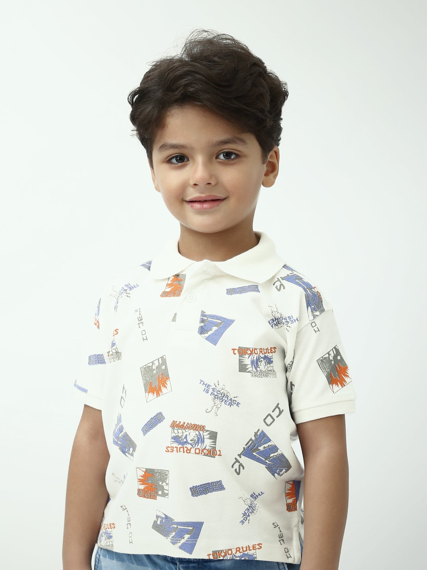 Polo garçon imprimé – Blanc, manches courtes, col classique - POS24SAPI75397MB1