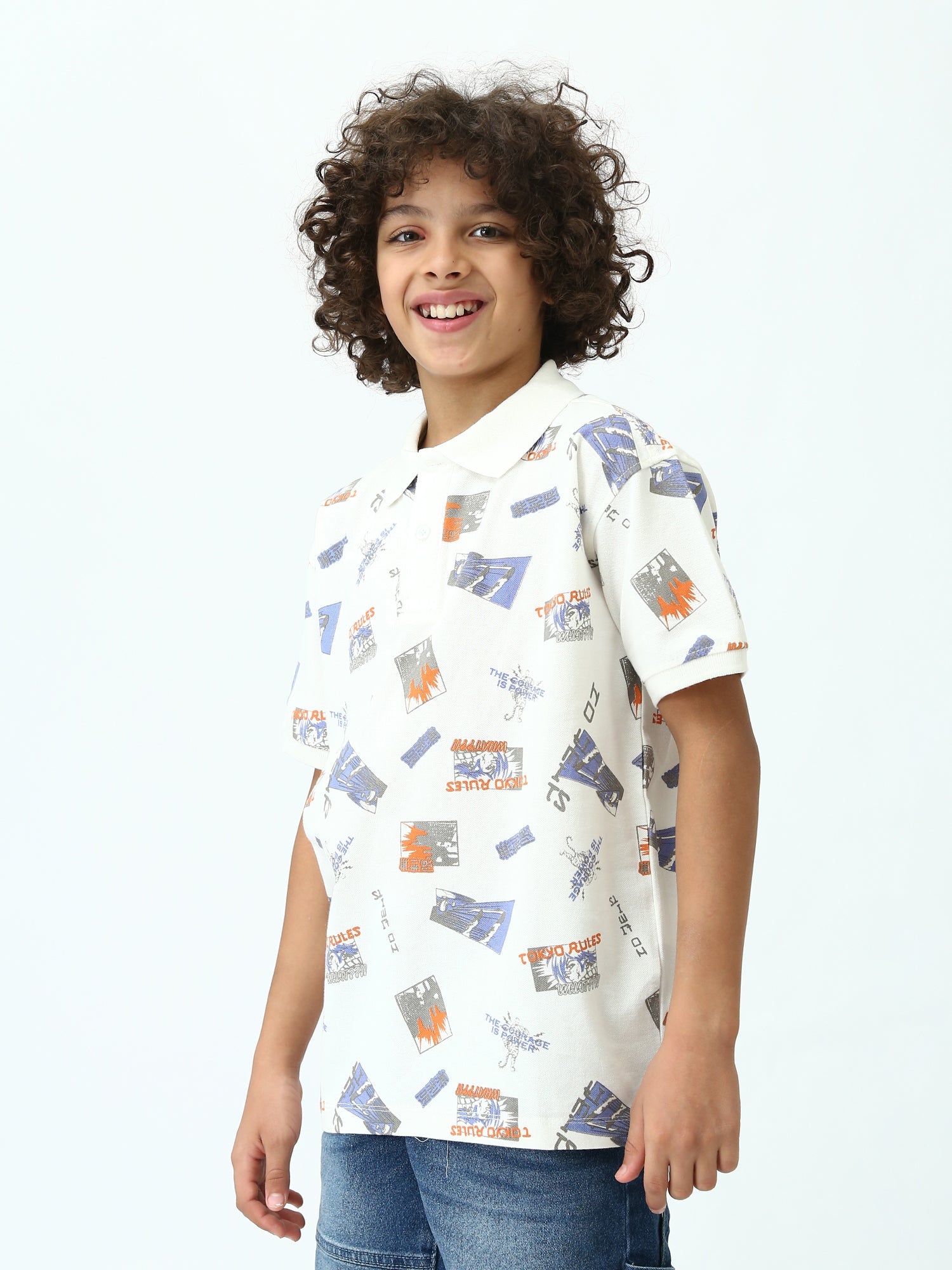 Polo garçon ado imprimé – Blanc, manches courtes, col classique - POS24SAPI75397MJ1