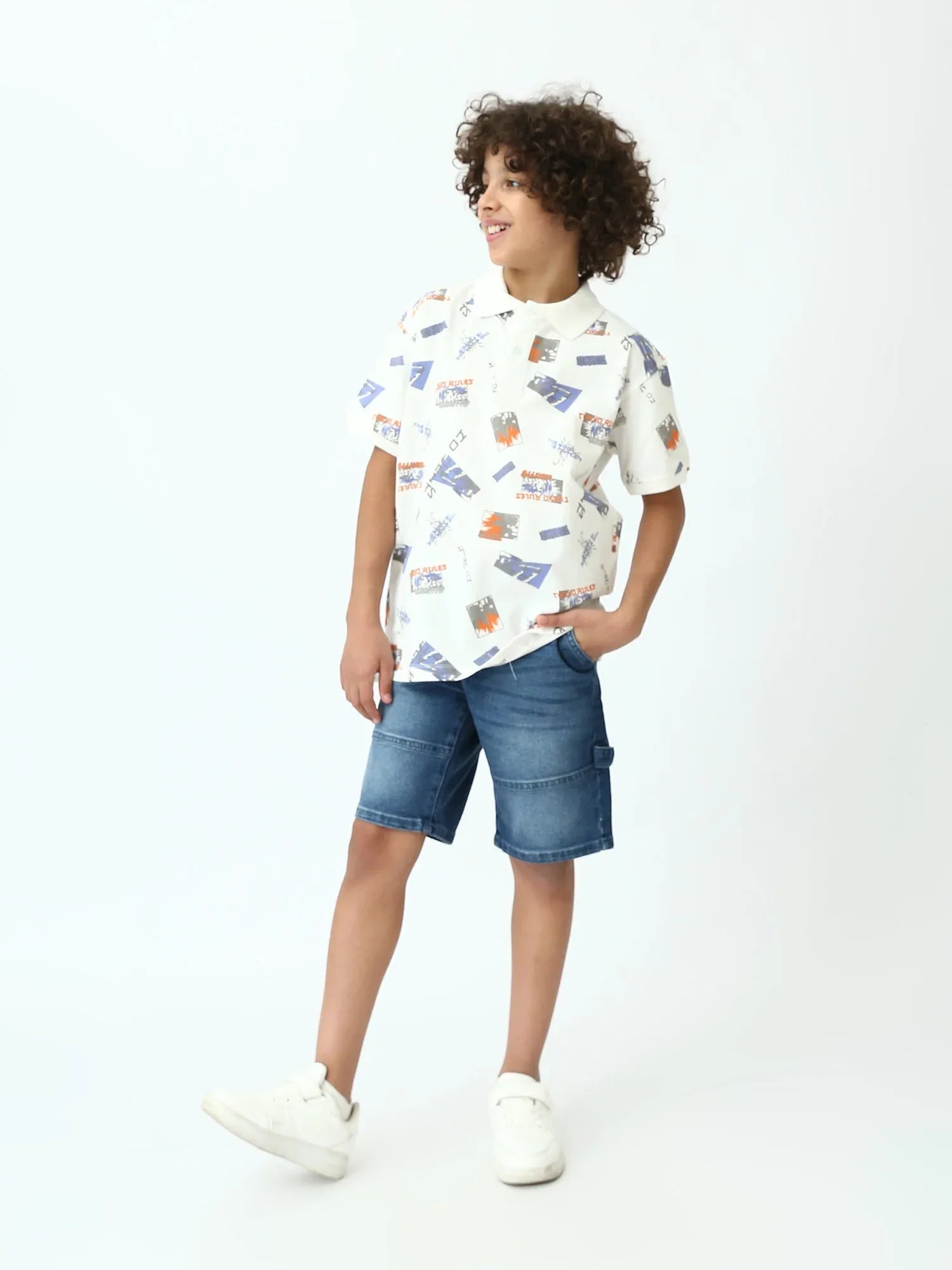 Polo garçon ado imprimé – Blanc, manches courtes, col classique - POS24SAPI75397MJ1 - Justyol