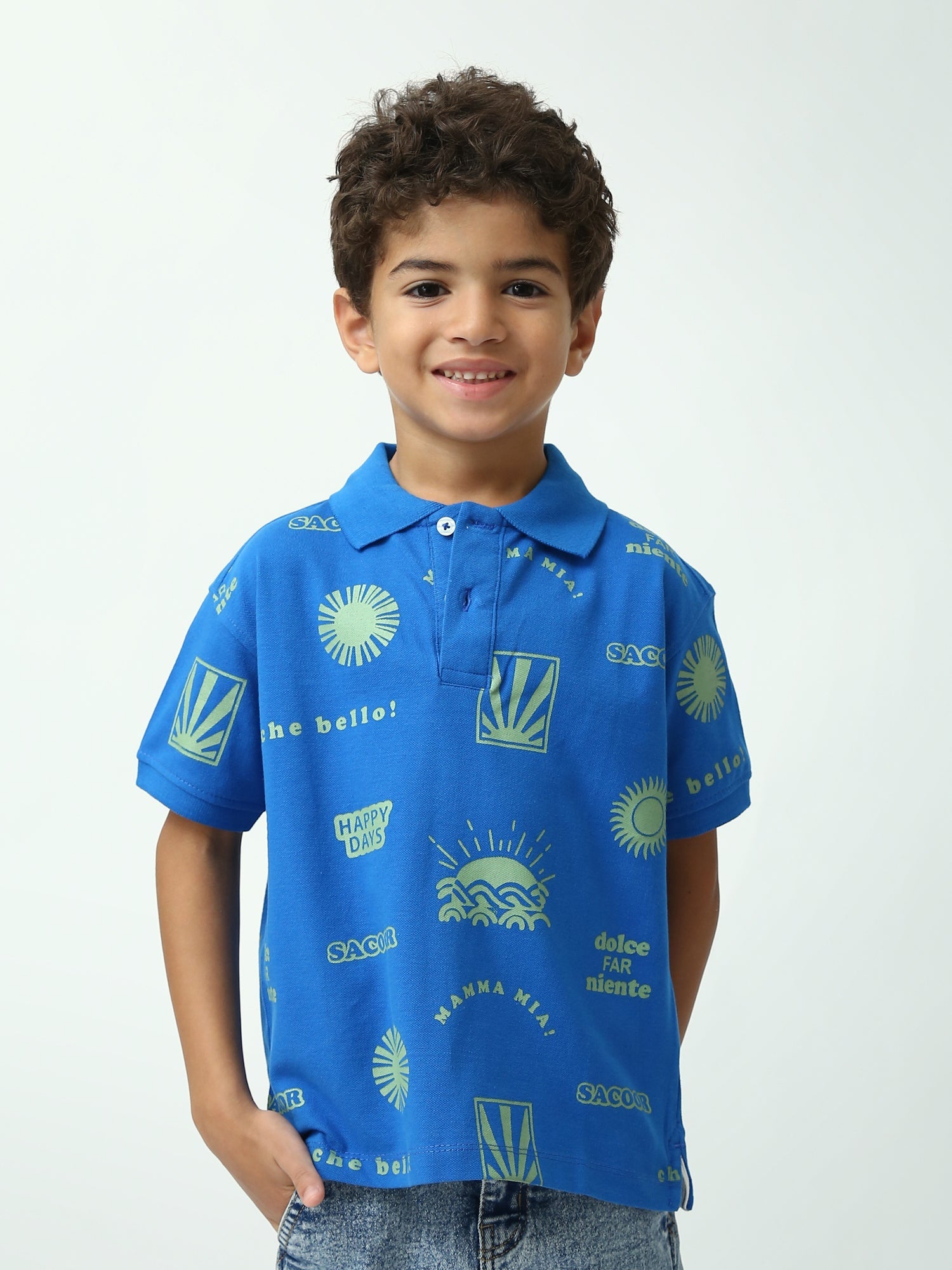 Polo garçon bleu manches courtes imprimé all-over, col polo, style été - POS24SAPI75401MB1