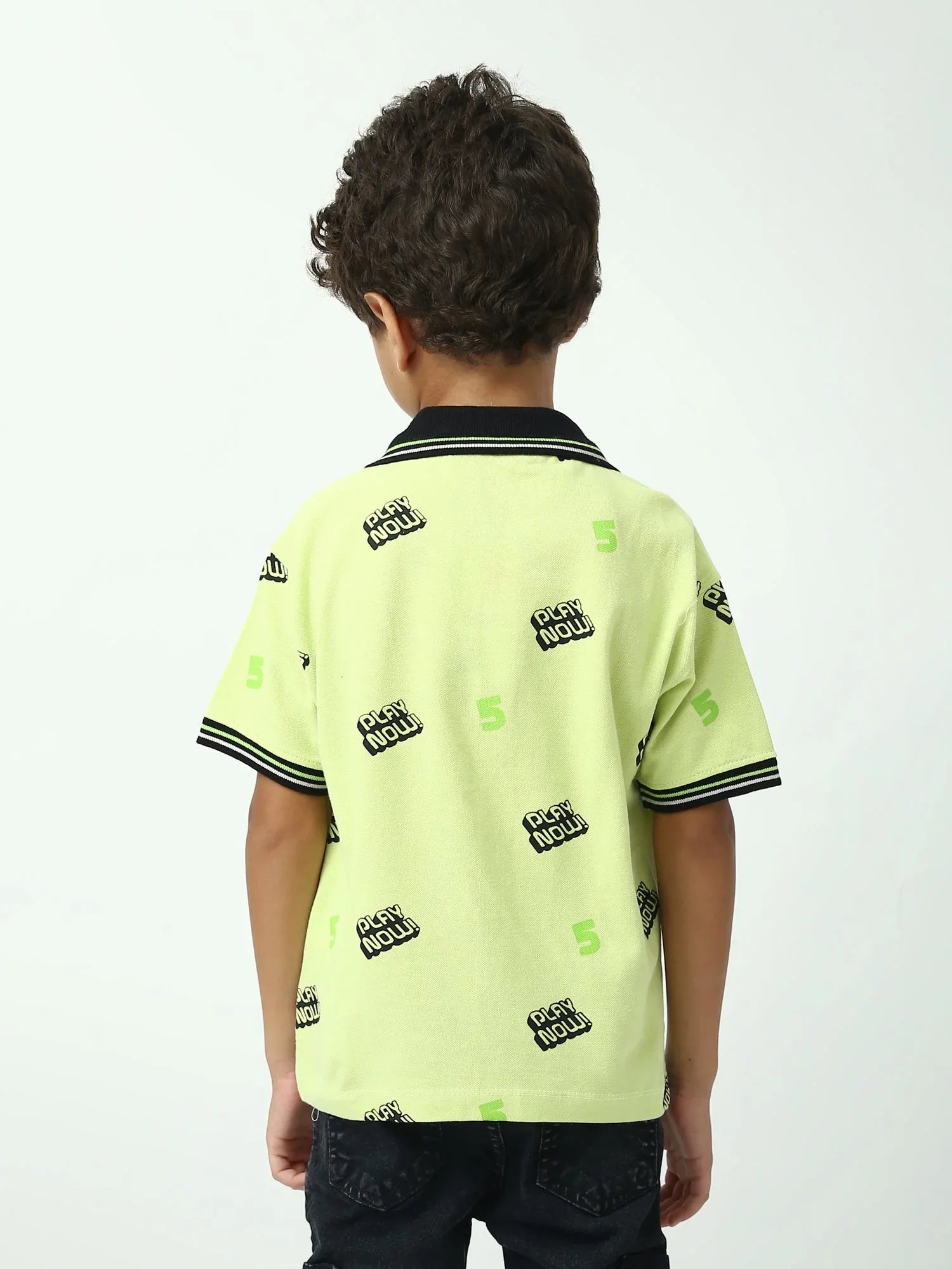 Polo garçon vert néon manches courtes imprimé, col contrasté noir - POS24SAPI75403MB1 - Justyol