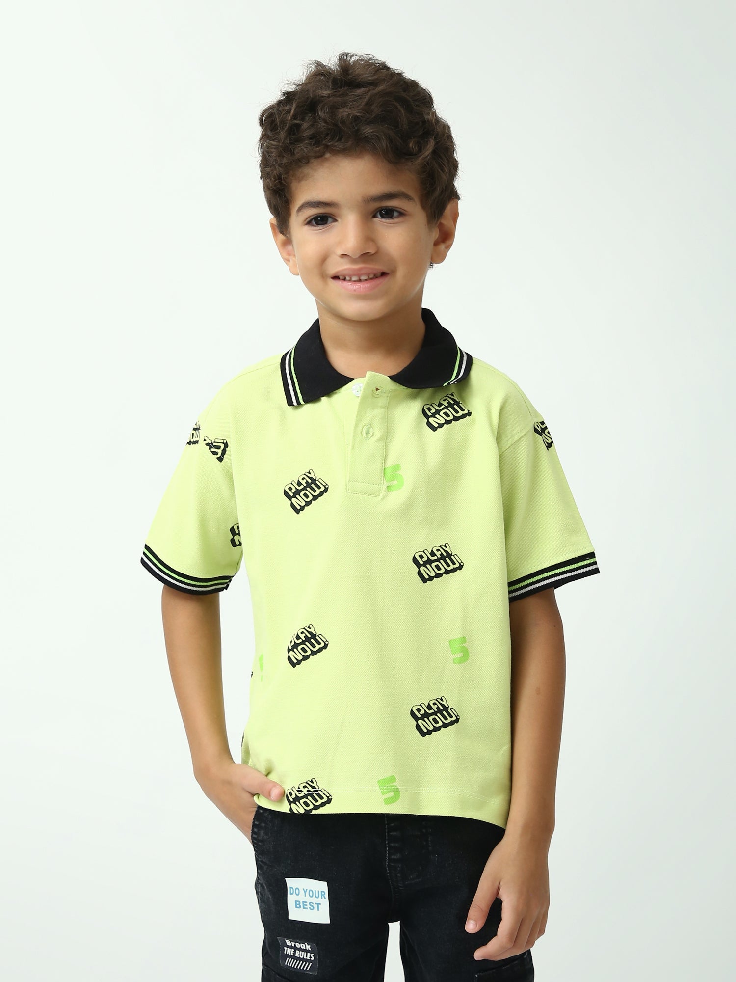 Polo garçon vert néon manches courtes imprimé, col contrasté noir - POS24SAPI75403MB1
