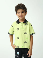 Polo garçon vert néon manches courtes imprimé, col contrasté noir - POS24SAPI75403MB1 - Justyol