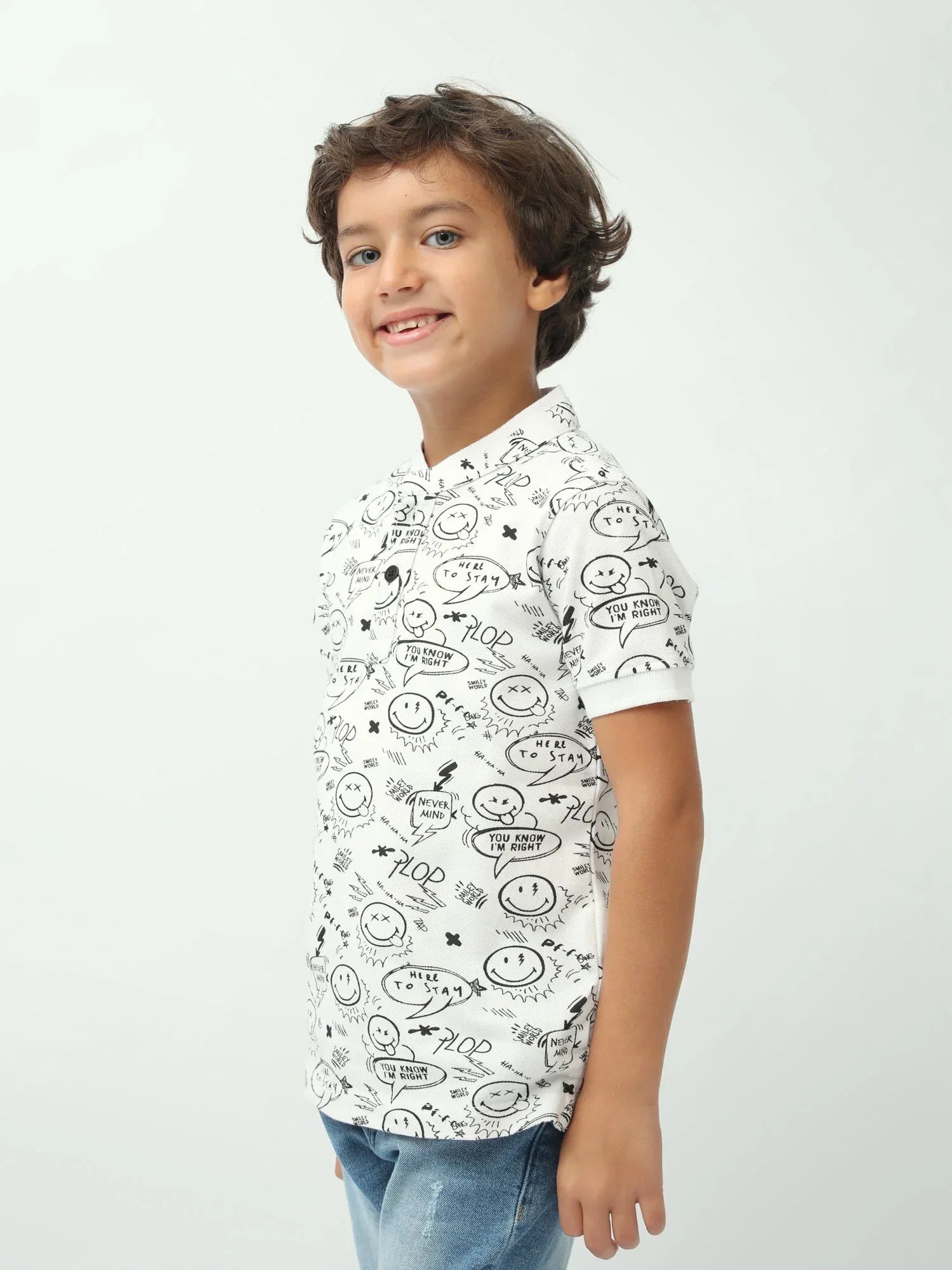 Polo garçon blanc à imprimé doodle smiley – manches courtes - POS24SAPU75568MB1 - Justyol