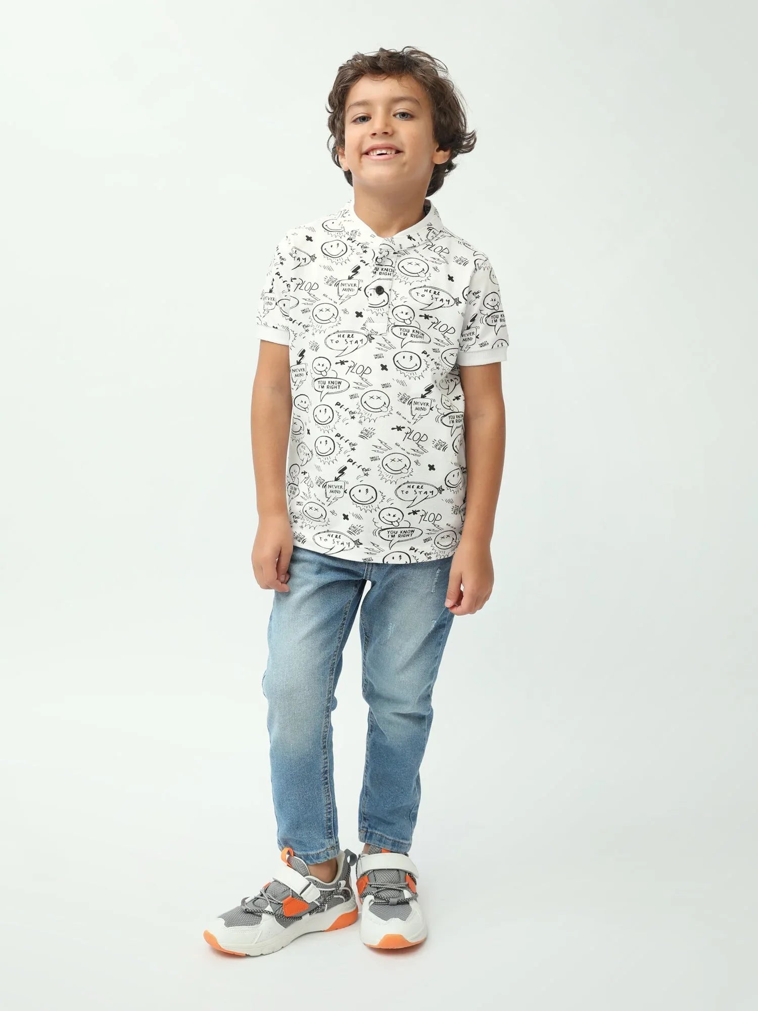 Polo garçon blanc à imprimé doodle smiley – manches courtes - POS24SAPU75568MB1 - Justyol