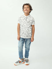 Polo garçon blanc à imprimé doodle smiley – manches courtes - POS24SAPU75568MB1 - Justyol