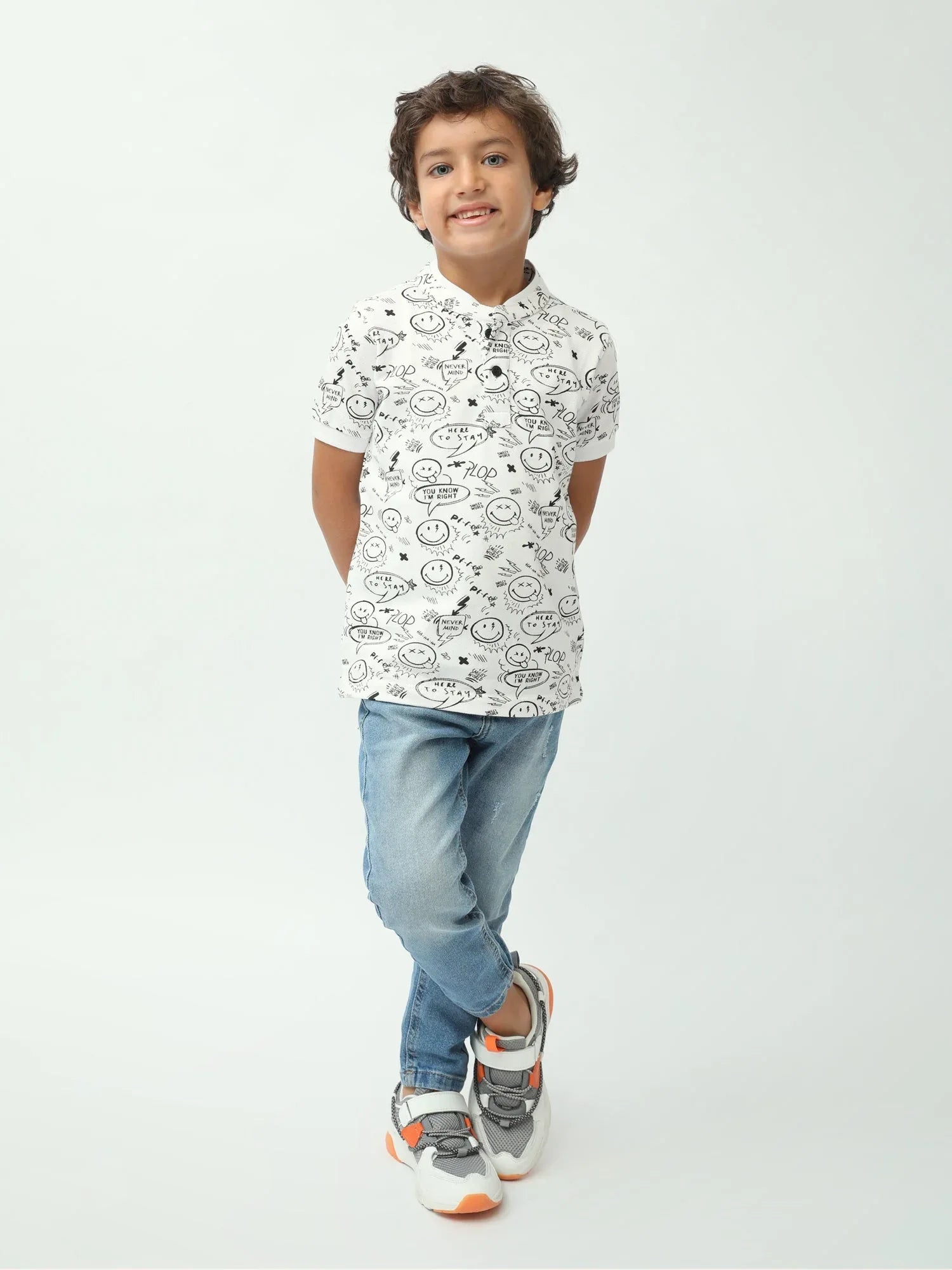Polo garçon blanc à imprimé doodle smiley – manches courtes - POS24SAPU75568MB1 - Justyol