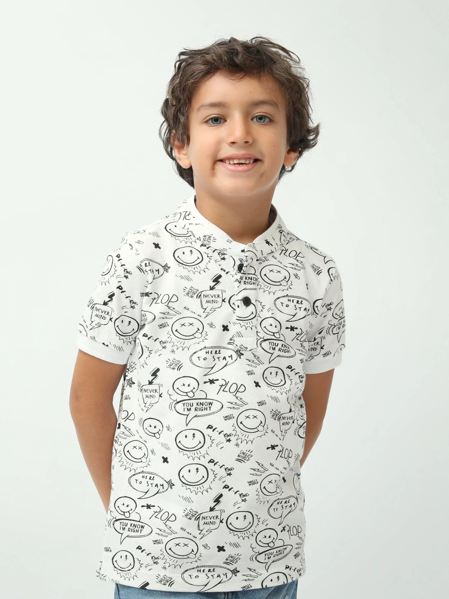 Polo garçon blanc à imprimé doodle smiley – manches courtes - POS24SAPU75568MB1 - Justyol