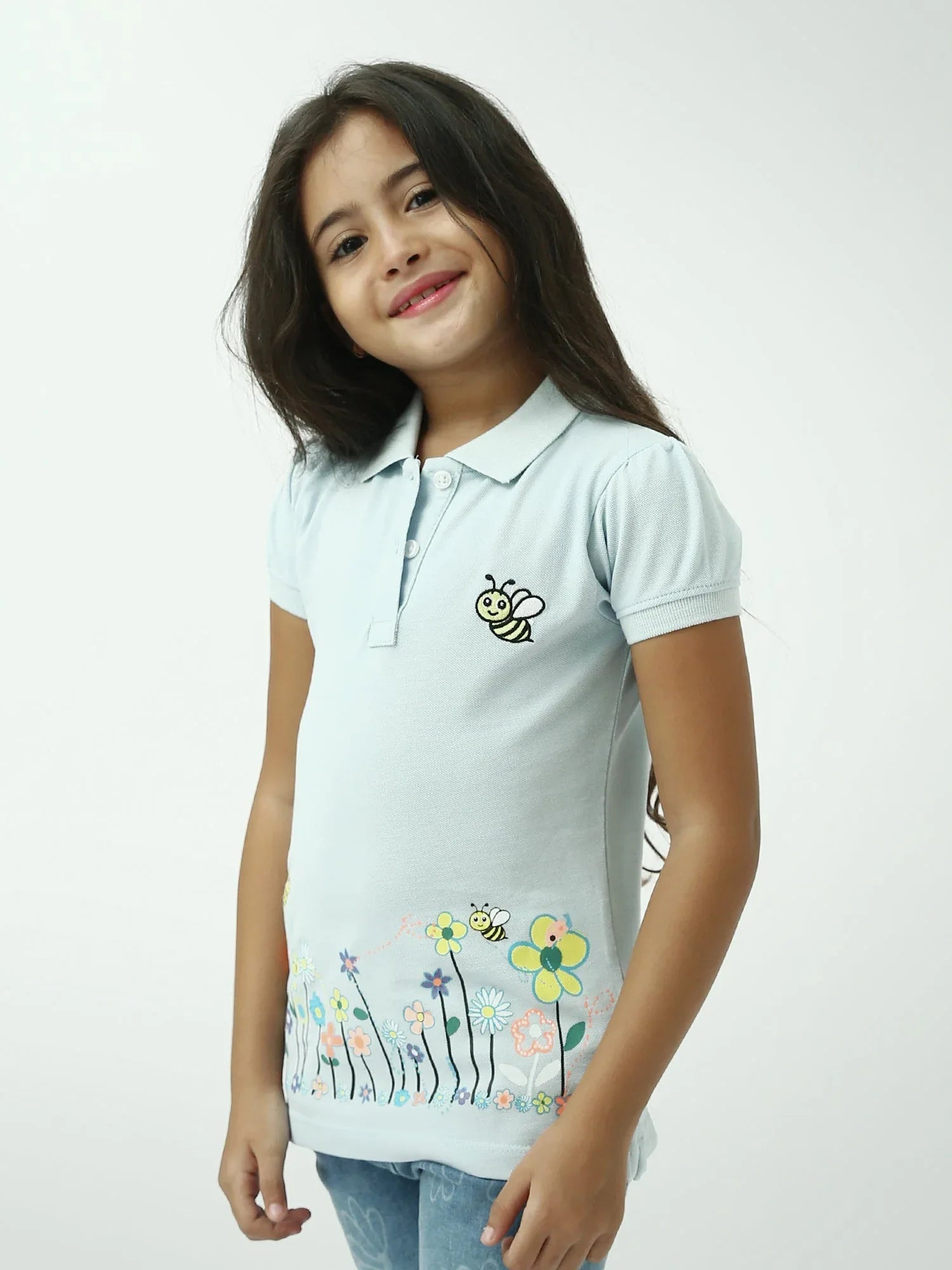 Polo fille brodé abeille avec imprimé fleurs manches courtes - POS24SEPI71007MG1 - Justyol