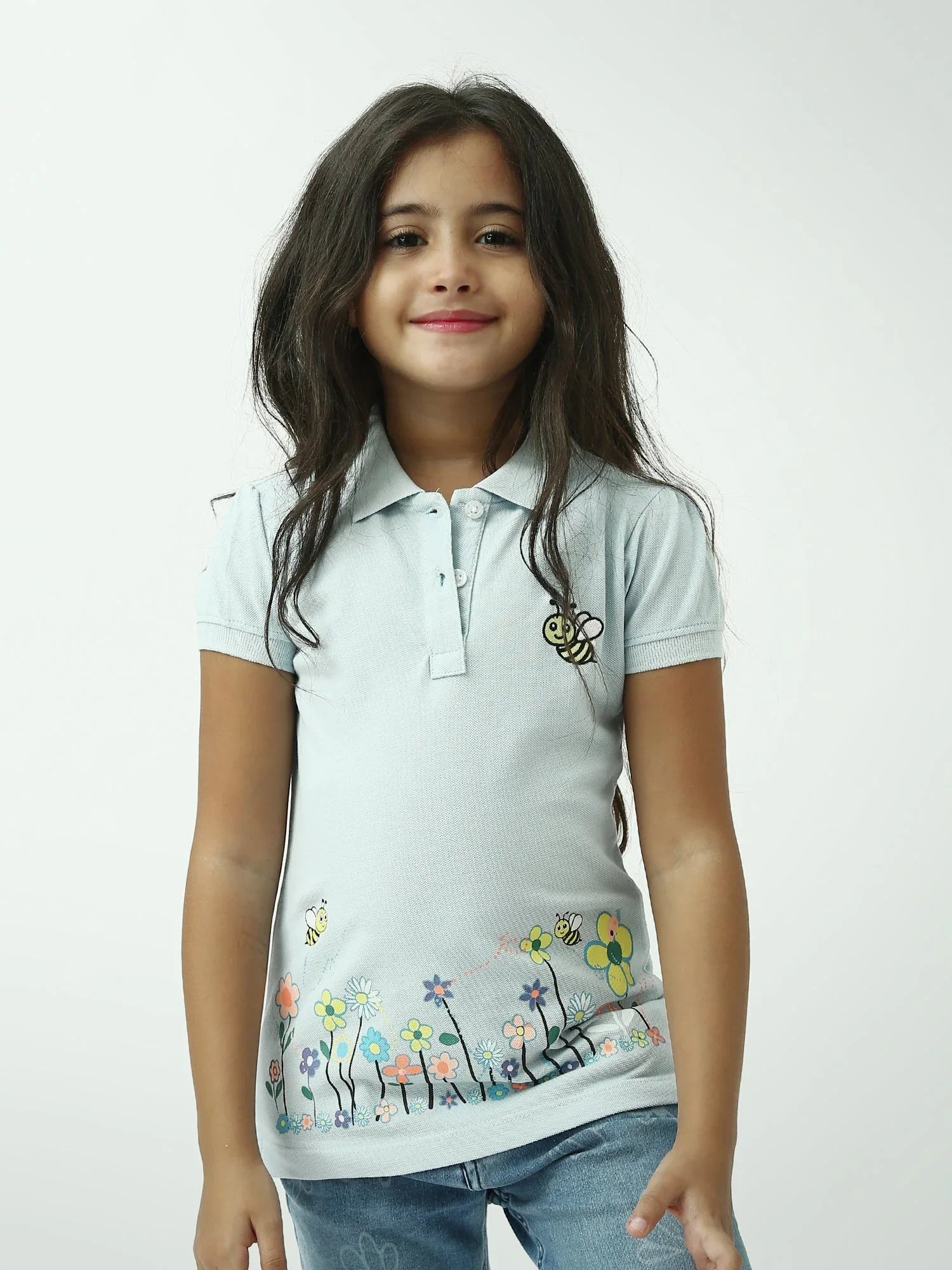 Polo fille brodé abeille avec imprimé fleurs manches courtes - POS24SEPI71007MG1 - Justyol