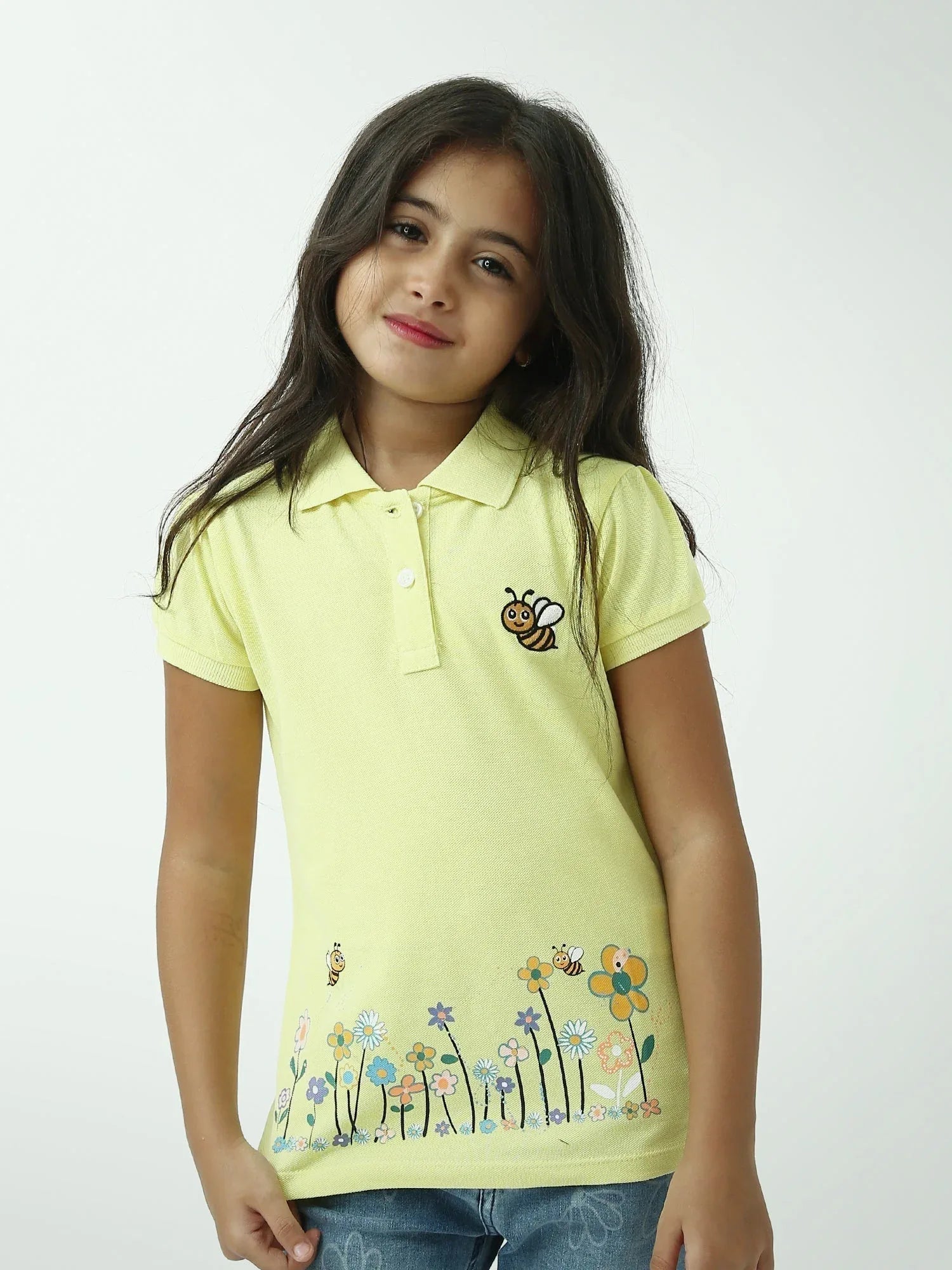 Polo fille brodé abeille avec imprimé fleurs manches courtes - POS24SEPI71007MG1 - Justyol